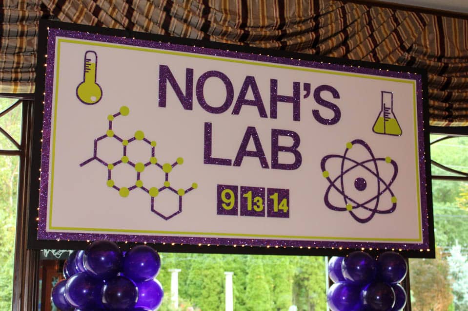 Custom Cut and Glittered Science Themed Bar Mitzvah Backdrop with Lights