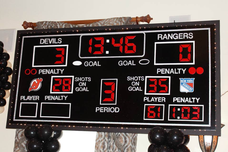 Custom Hockey Bar Mitzvah Scoreboard Backdrop with Lights