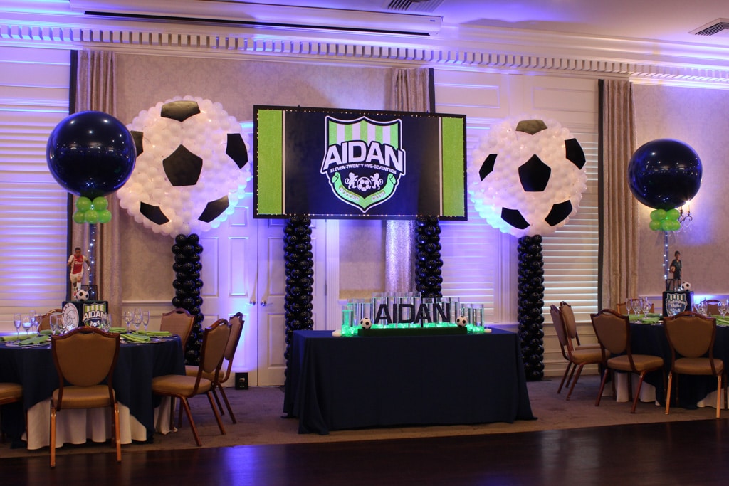 Soccer Themed Bar Mitzvah Backdrop with Custom Logo and Soccer Ball Balloon Sculptures