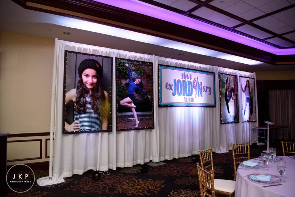 Dance Themed Backdrop with Glittered Logo & Blowup Photos