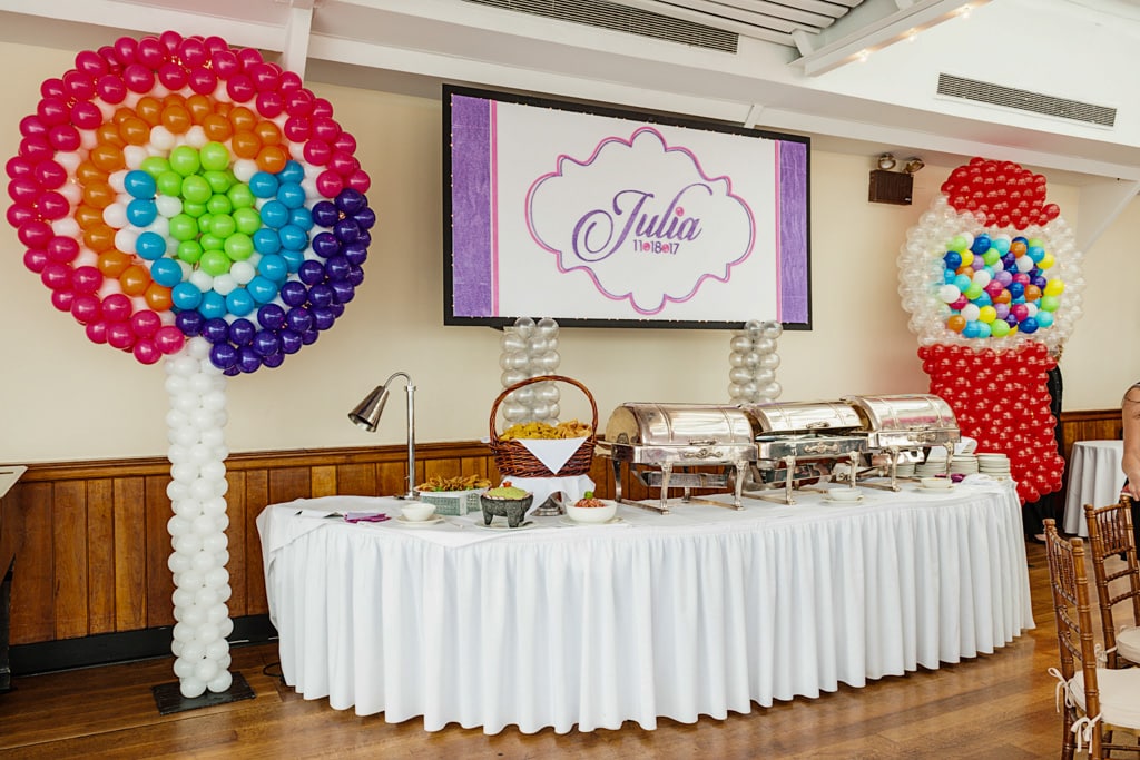 Candy Themed Bat Mitzvah Backdrop with Whirly Pop and Gumball Machine Balloon Sculptures