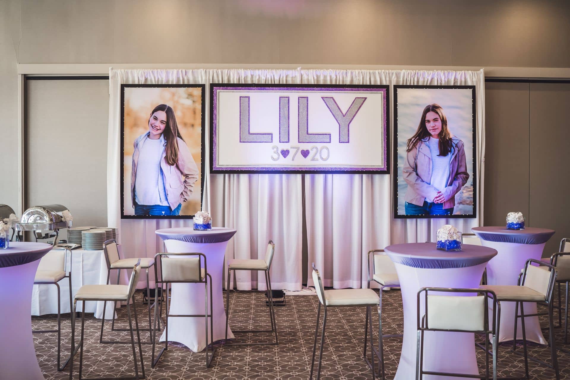 LED Custom Backdrop with Name and Date and Blow Up Pictures Mounted on Pipe and Drape for Bat Mitzvah Decor