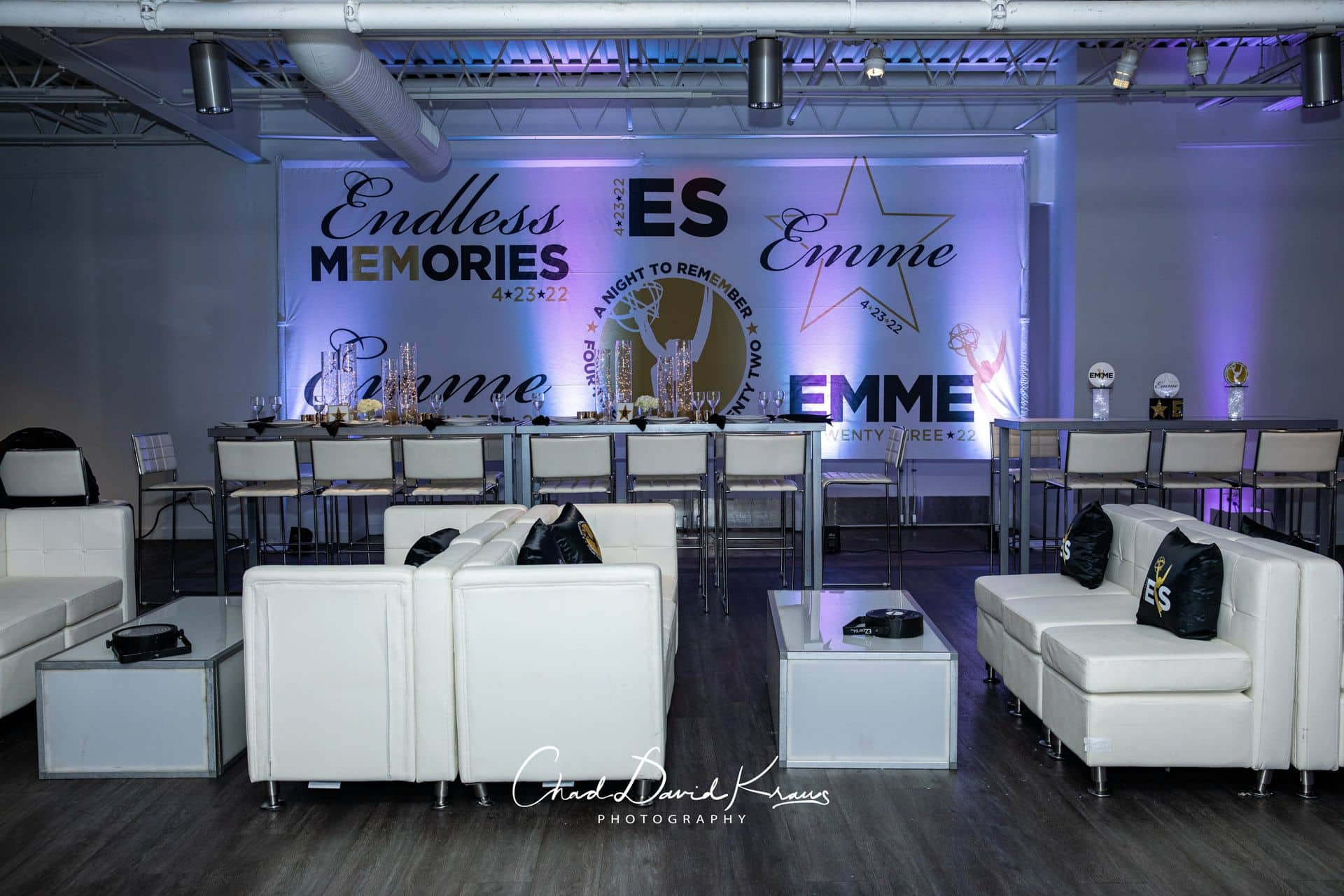 Custom Logo Mural Backdrop for Emme Themed Bat Mitzvah at The Loading Dock, Stamford