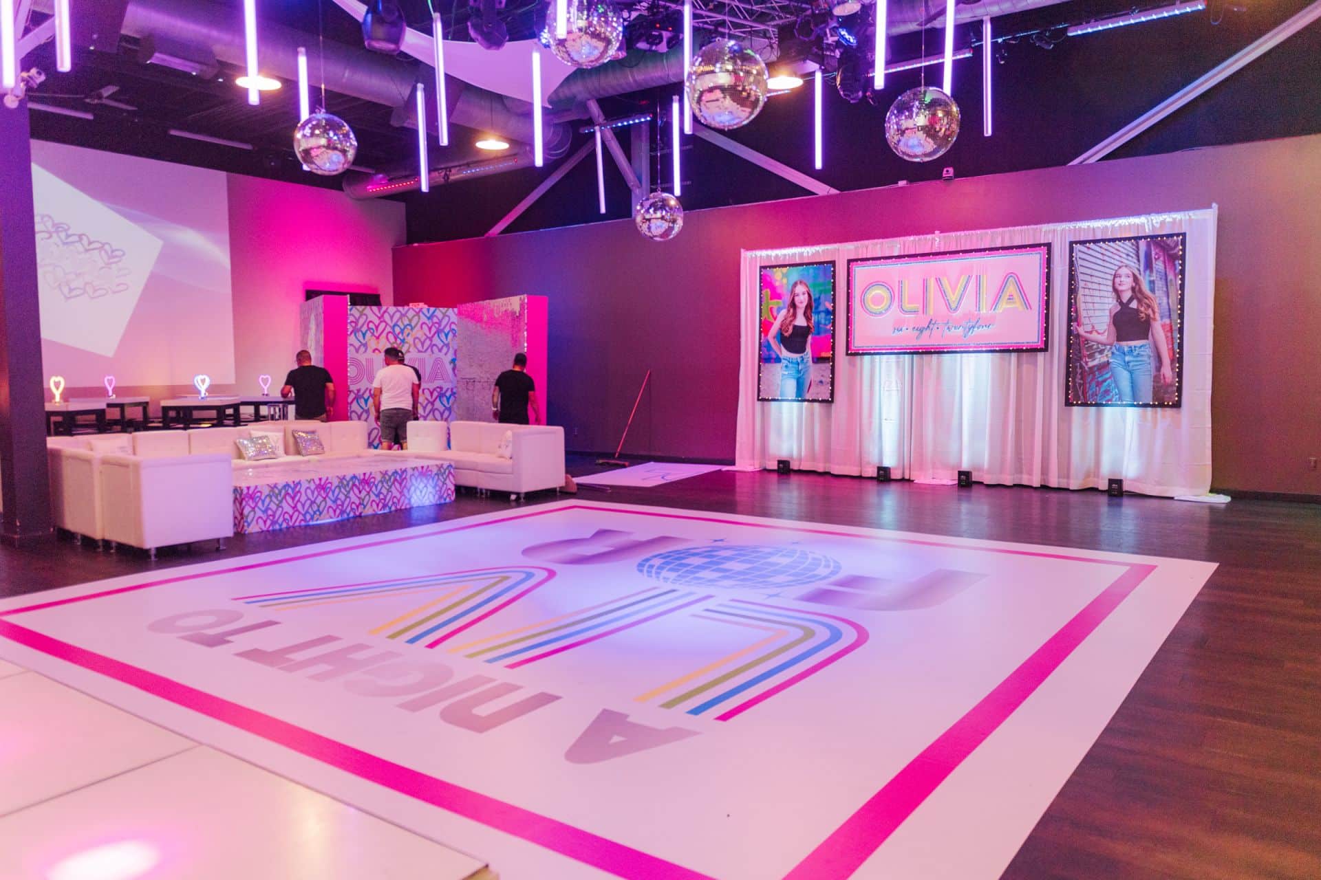 Neon Themed Bat Mitzvah Backdrop with Blowup Photos on LED Drape at Vibe