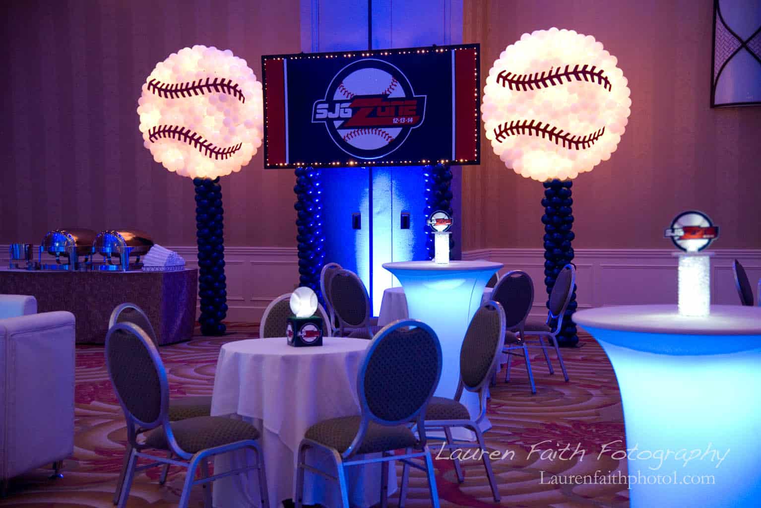 Baseball Themed Backdrop with Baseball Balloon Sculptures and LED Lighting