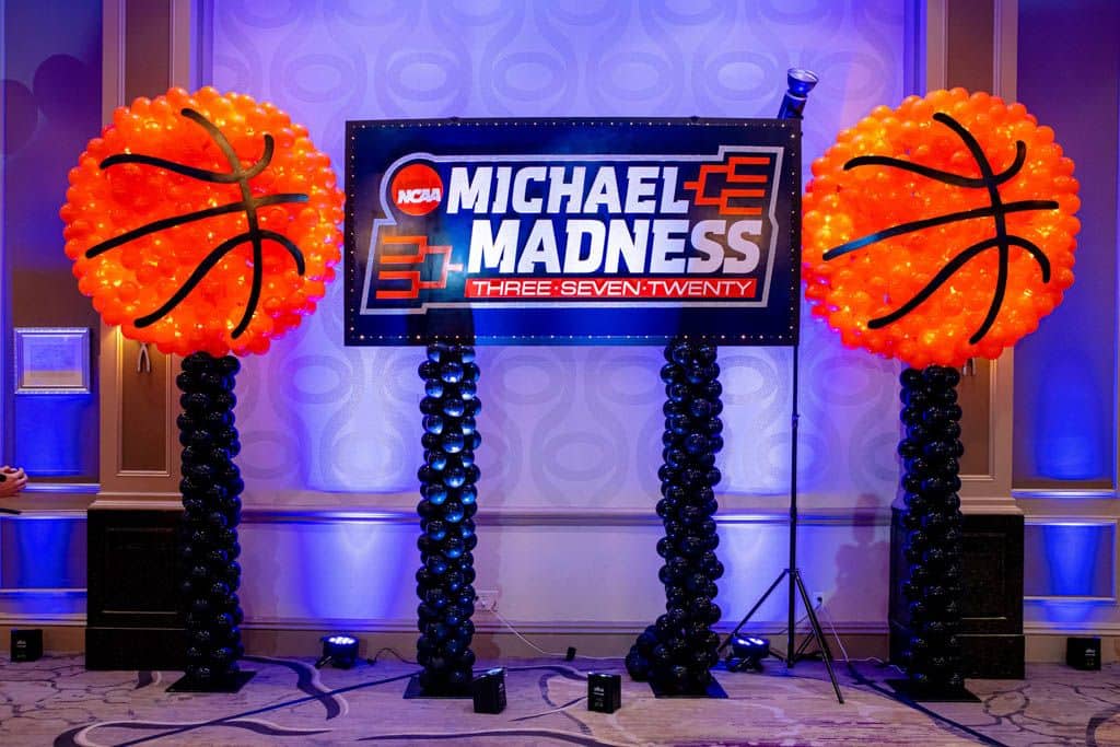 Basketball Themed Bar Mitzvah Backdrop with Custom Logo and Basketball Balloon Sculptures