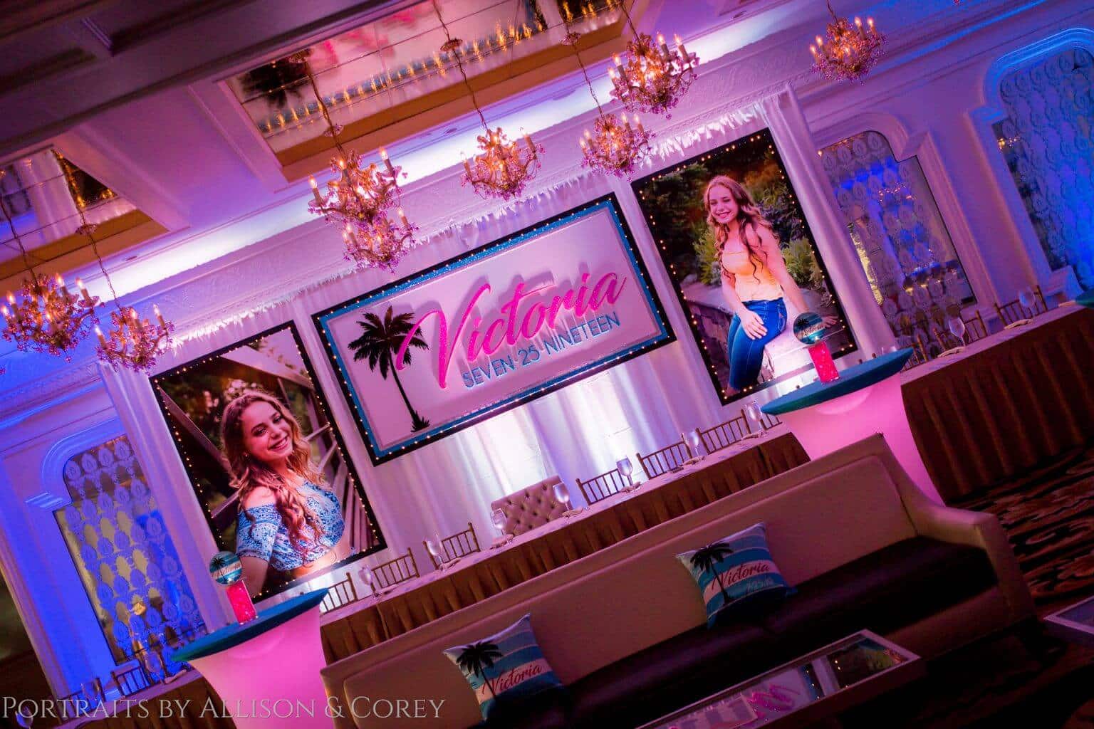 Beach Themed Sweet Sixteen Backdrop with Custom Logo and Blowup Photos