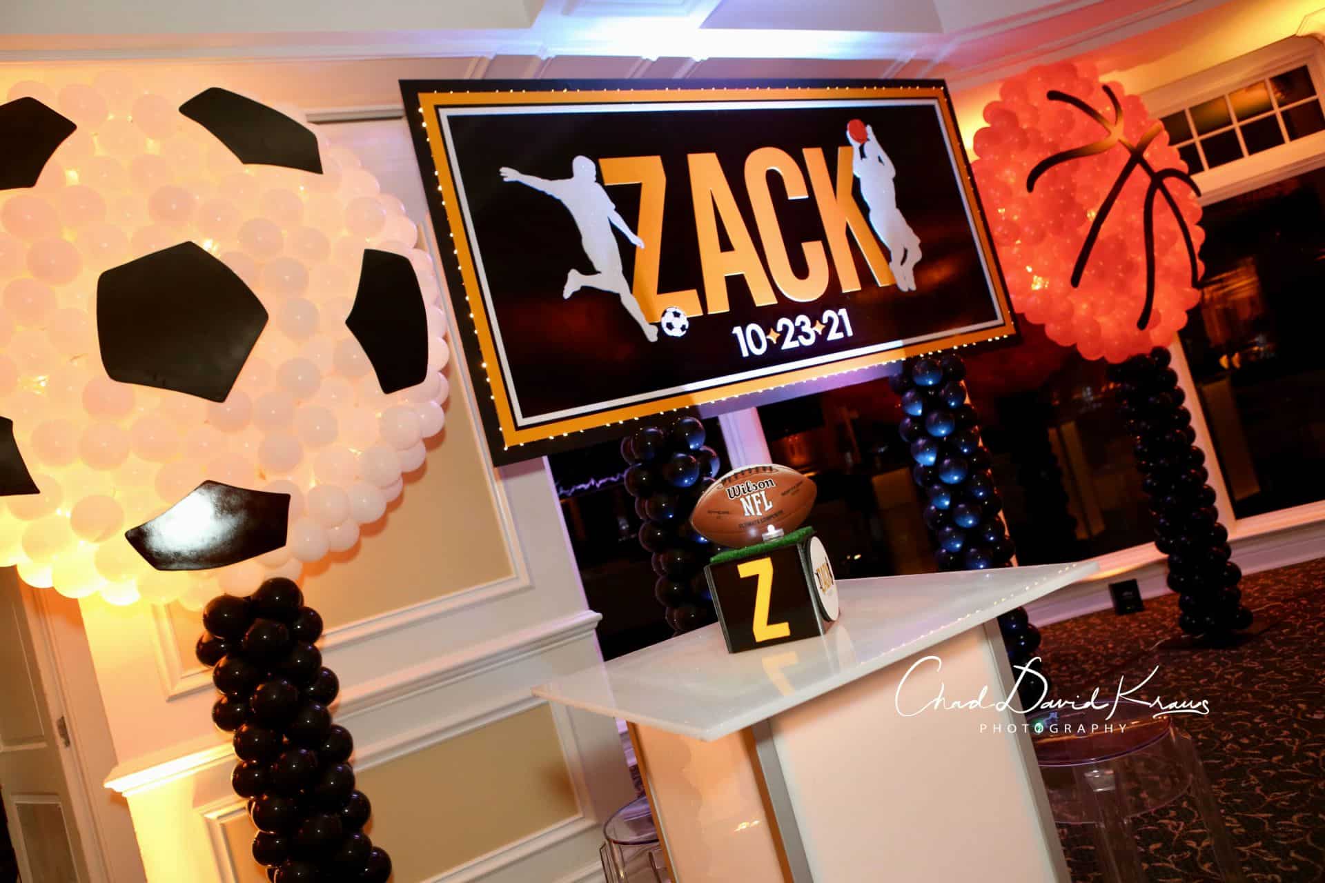 Custom LED Logo Backdrop on a Balloon Base and Sports Balloon Sculptures for Bar Mitzvah Decor