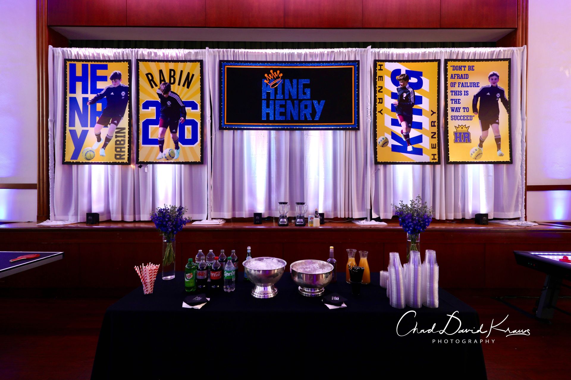 Soccer Themed Backdrop with Custom Sports Posters for Bar Mitzvah at Temple Israel Center