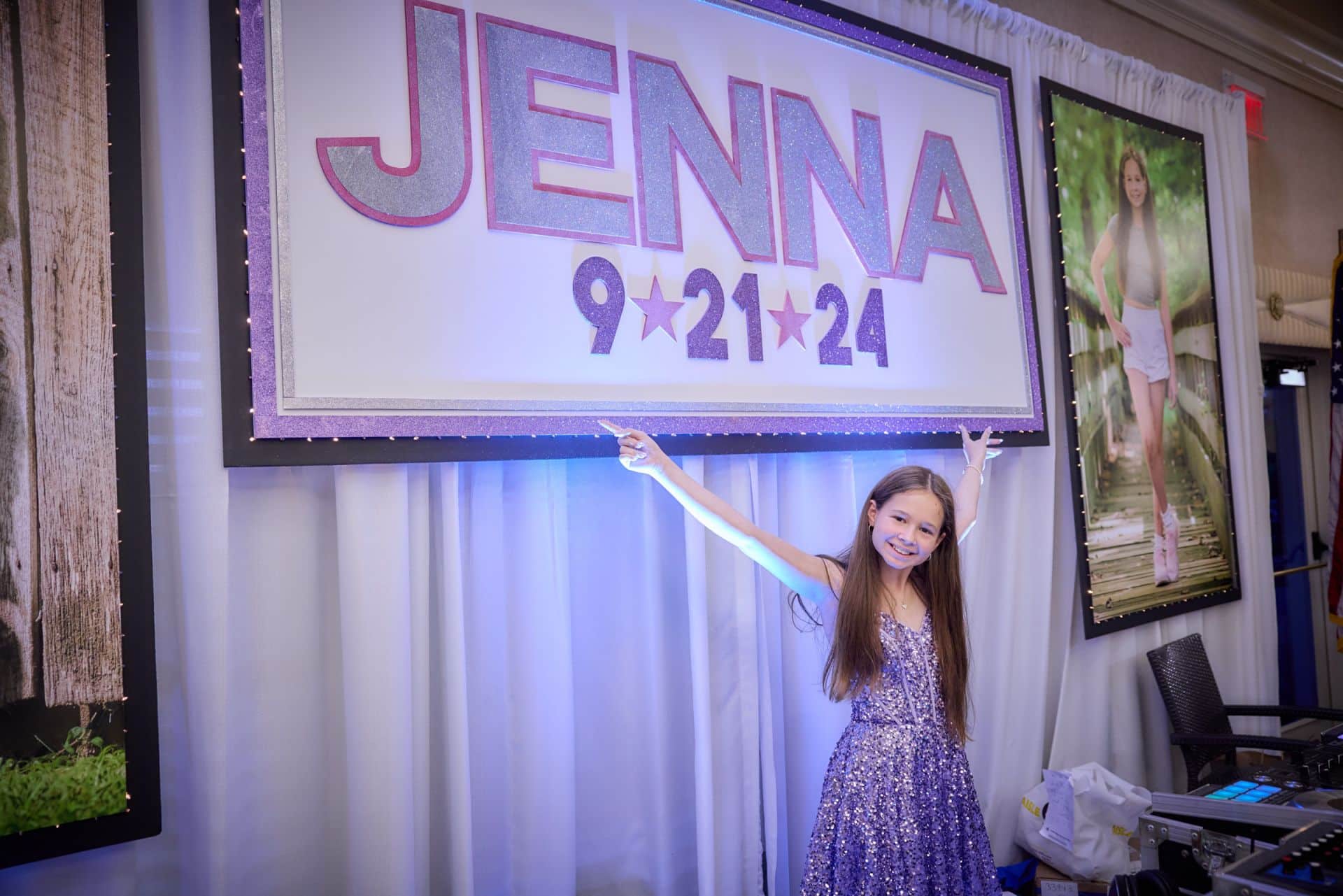 Custom Backdrop with Glitter and Blow Up Photos on Pipe and Drape with LED Uplighting for Bat Mitzvah