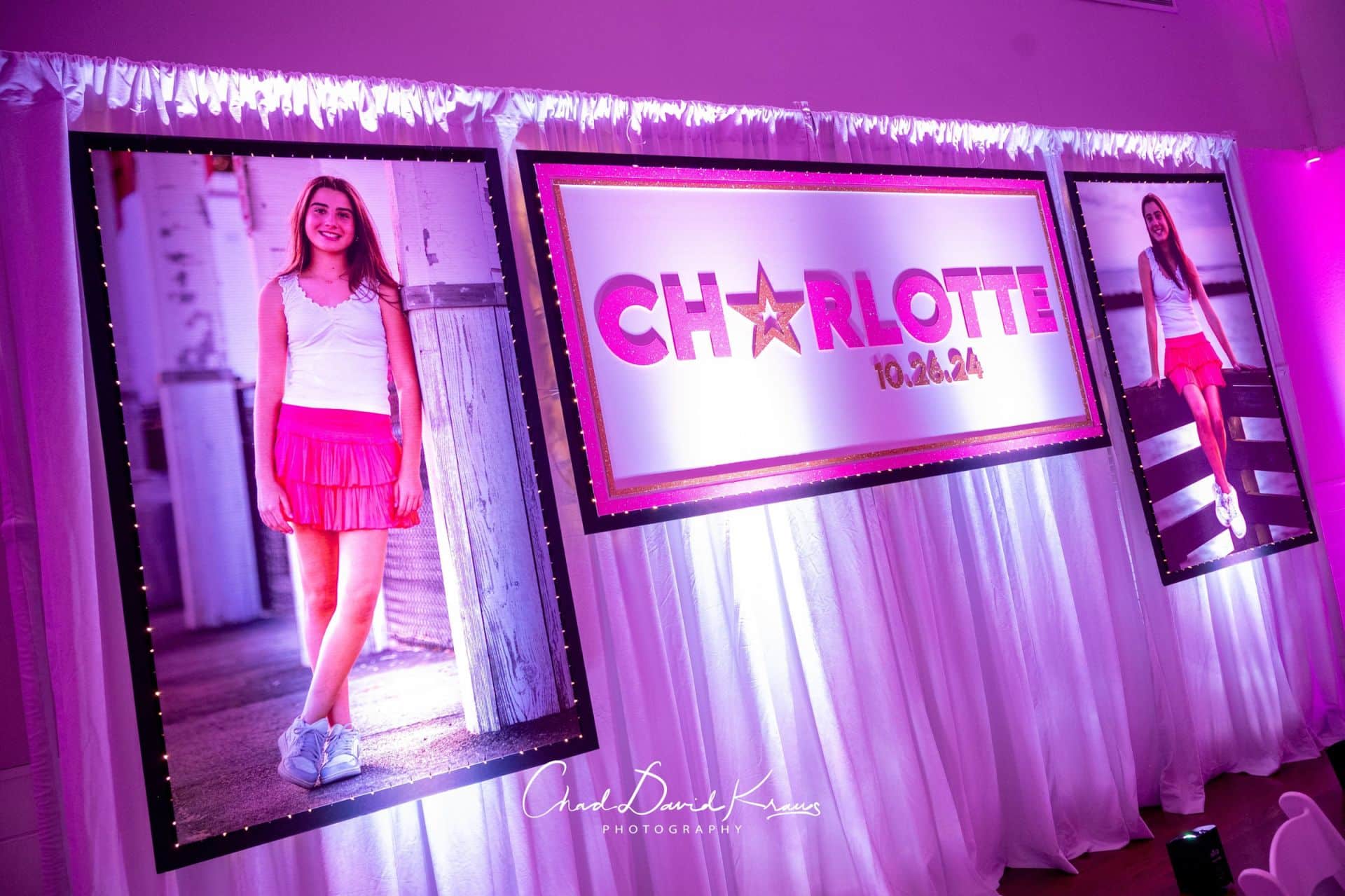 Custom Backdrop with Blow Up Photos with Lights on Pipe and Drape with LED uplighting for a Bat Mitzvah