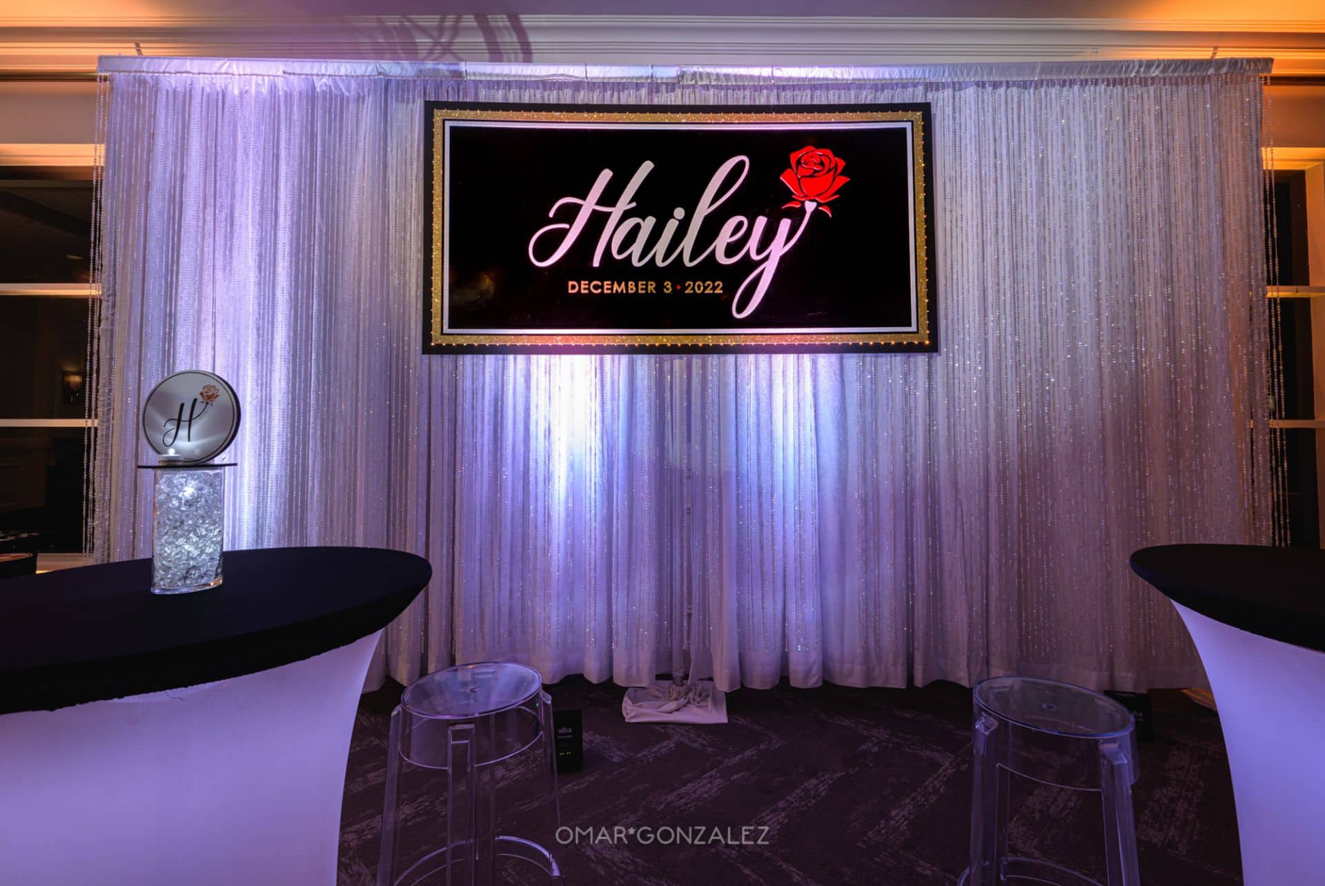 Bat Mitzvah Glittered Backdrop on LED Curtain with Acrylic Crystal Beading