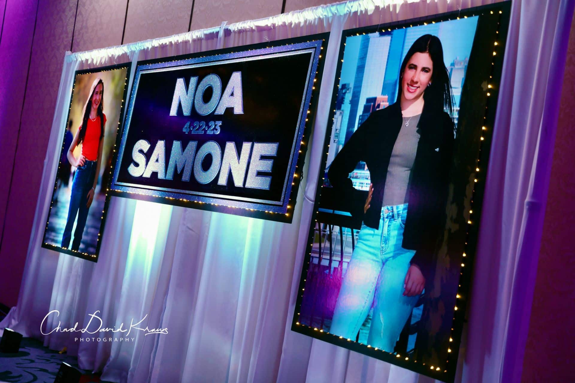 Sillver Glitter Name Backdrop with Blow Up Photos