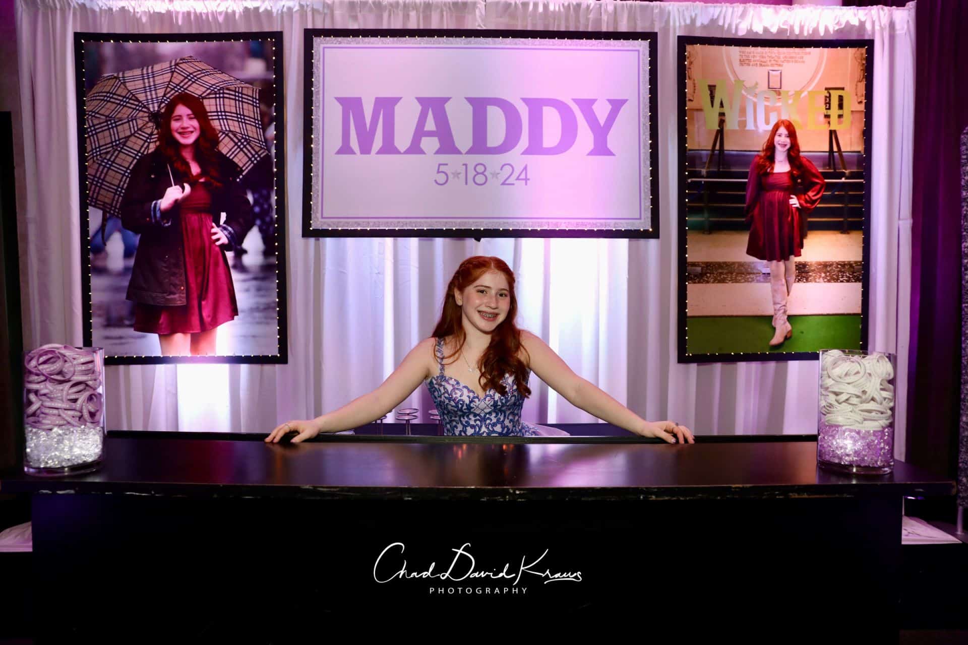 Custom Backdrop with Glitter and Blow Up Photos on Pipe and Drape with LED lighting for a Broadway Theme Bat Mitzvah