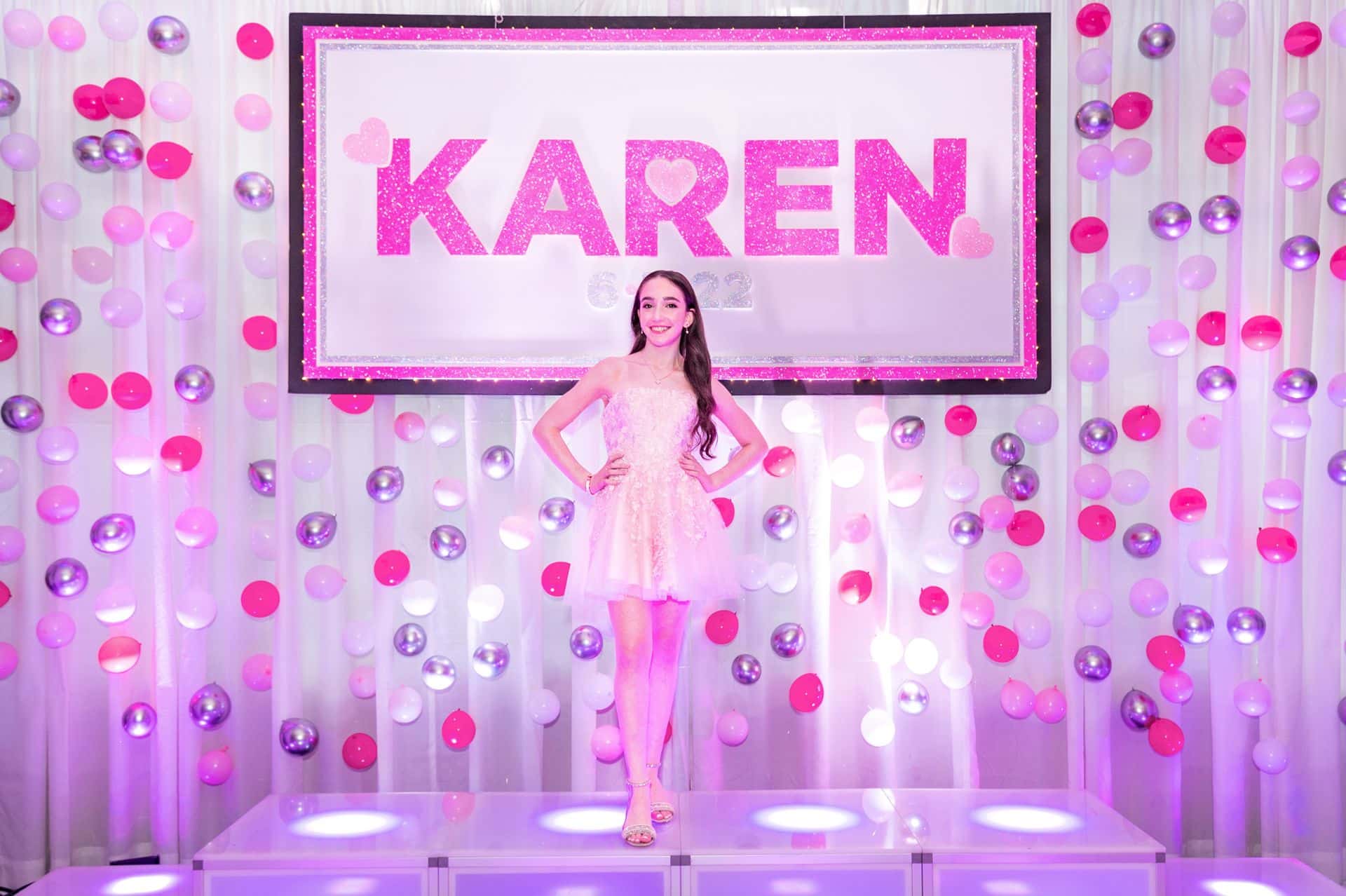 Heart Themed Bubble Balloon Wall with Glittered Name Backdrop by Dance Floor at Bryant Park Grill