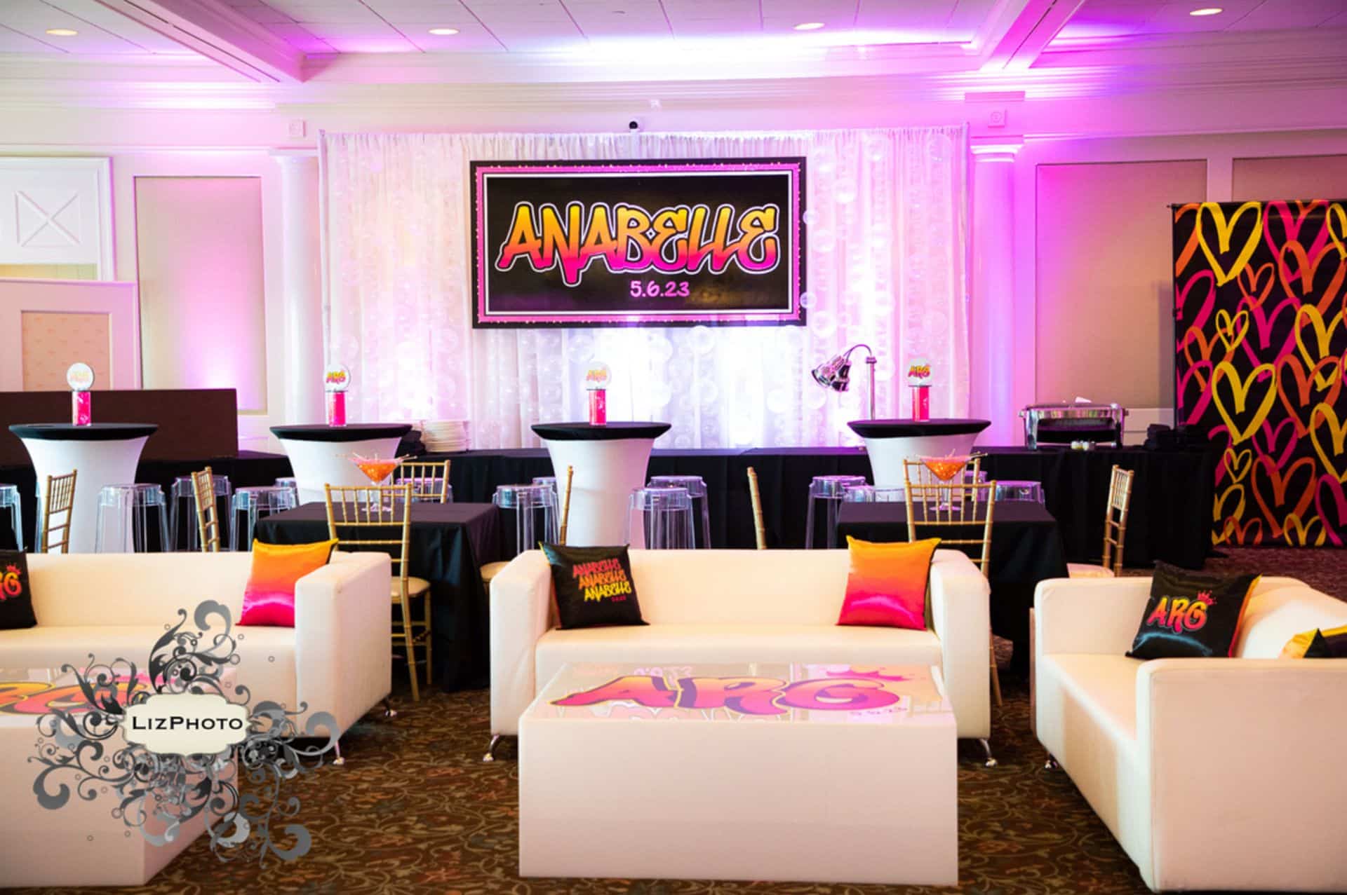 Custom Backdrop on LED Balloon Bubble Wall Behind a Custom Lounge at Hampshire Country Club