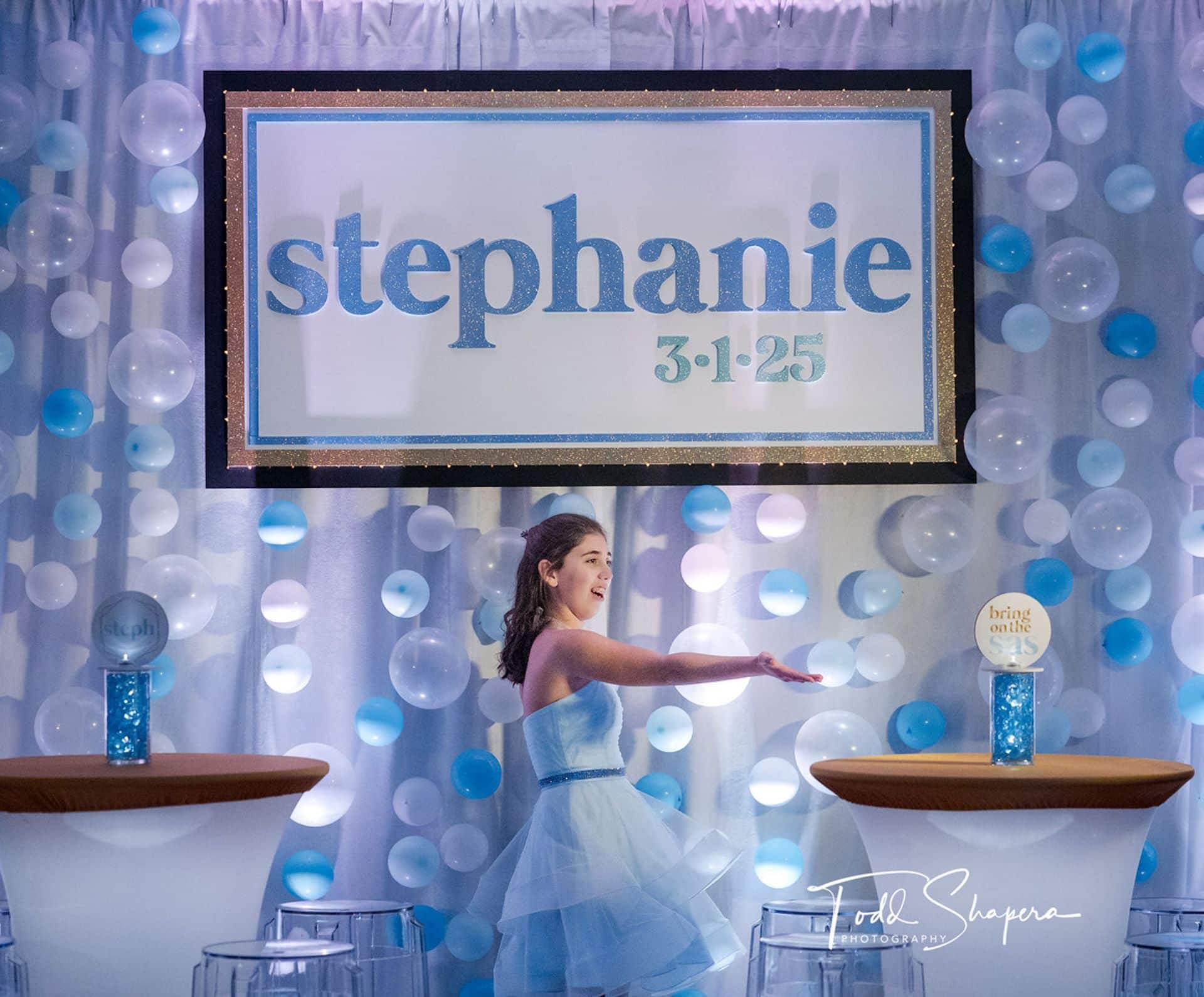 Bubble Wall Backdrop with Glitter Blue Name for Bat Mitzvah