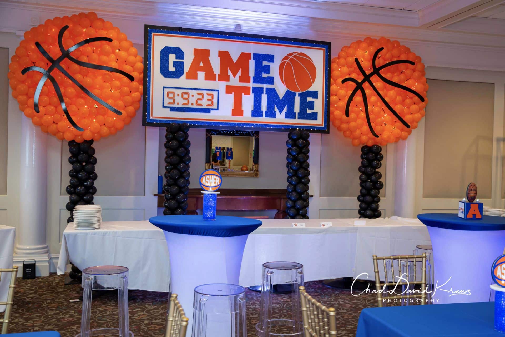 Custom Basketball Themed Backdrop with Basketball Balloon Sculptures and Lights