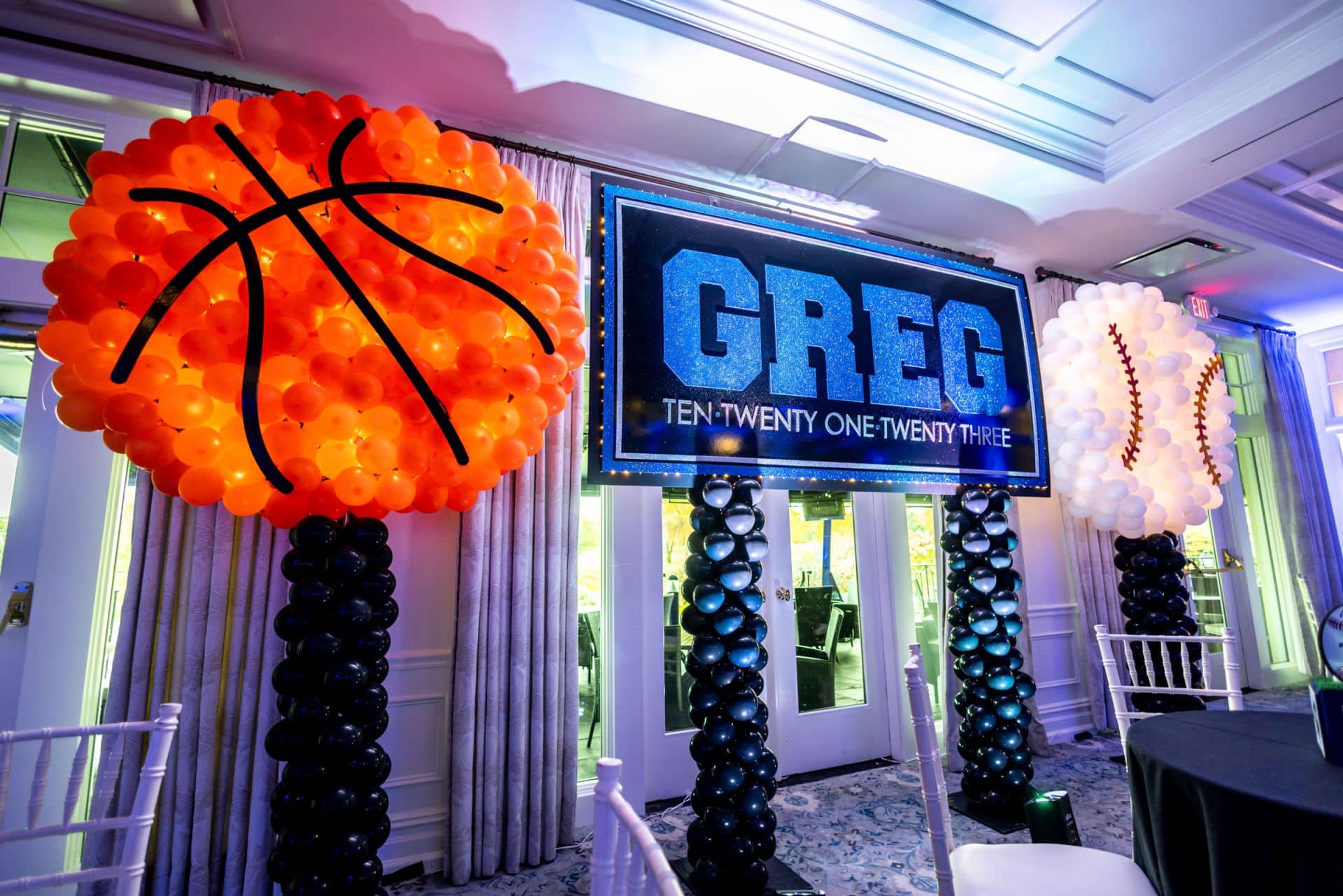 Bar Mitzvah Name Sign with Basketball and Baseball Balloon Sculptures with Lights at Preakness Hills Country Club