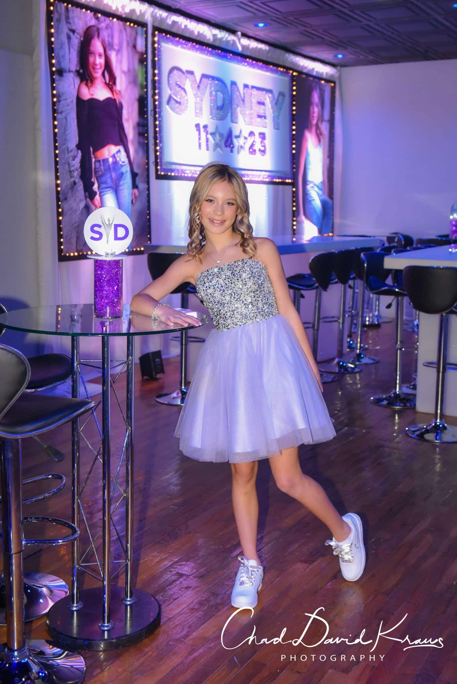 Glitter Name Backdrop with Blowup Photos and Lights at Club Infinity, Pleasantville