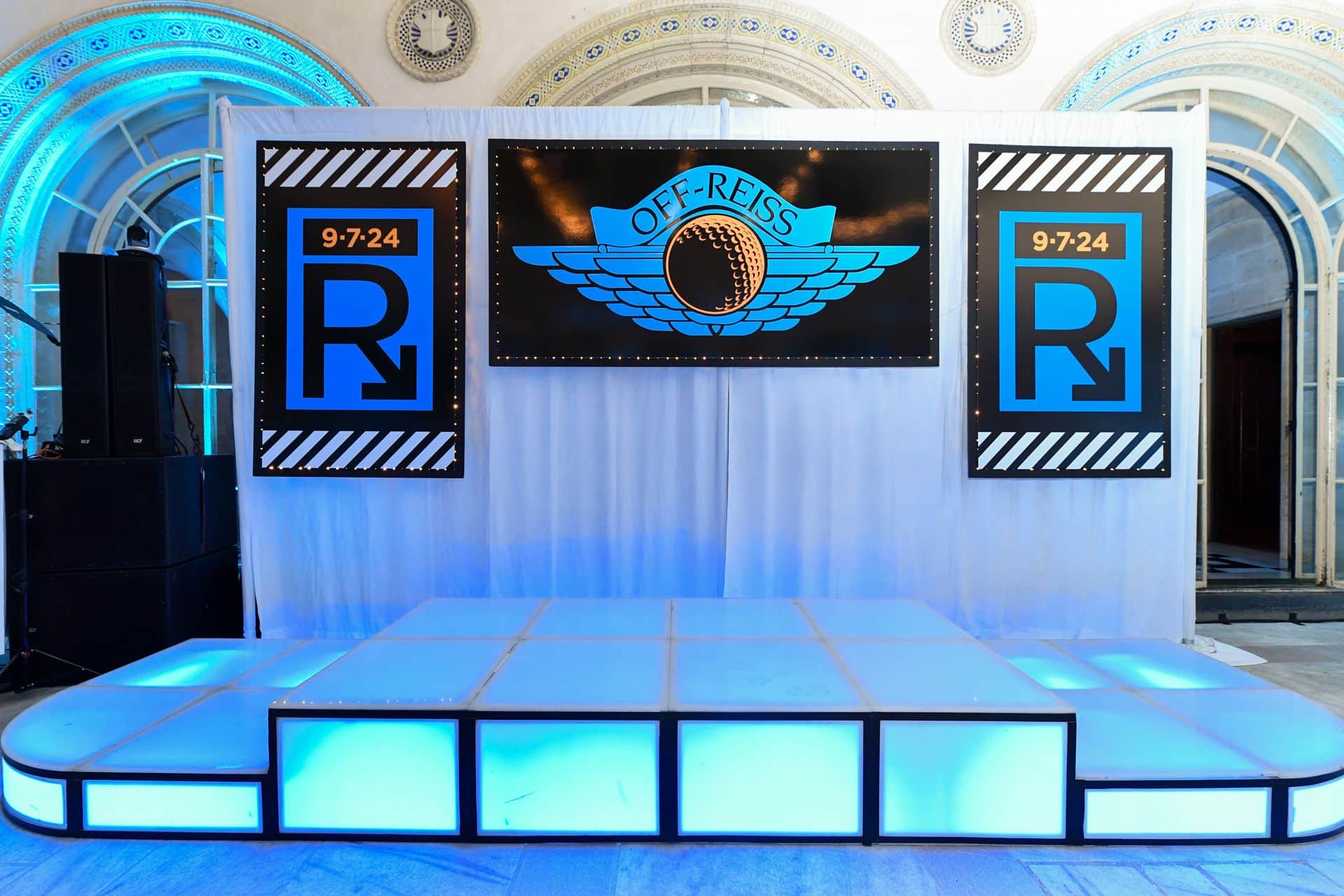 Custom Backdrop and Blow Up Logos with Lights on Pipe and Drape for a Off-White themed Bar Mitzvah