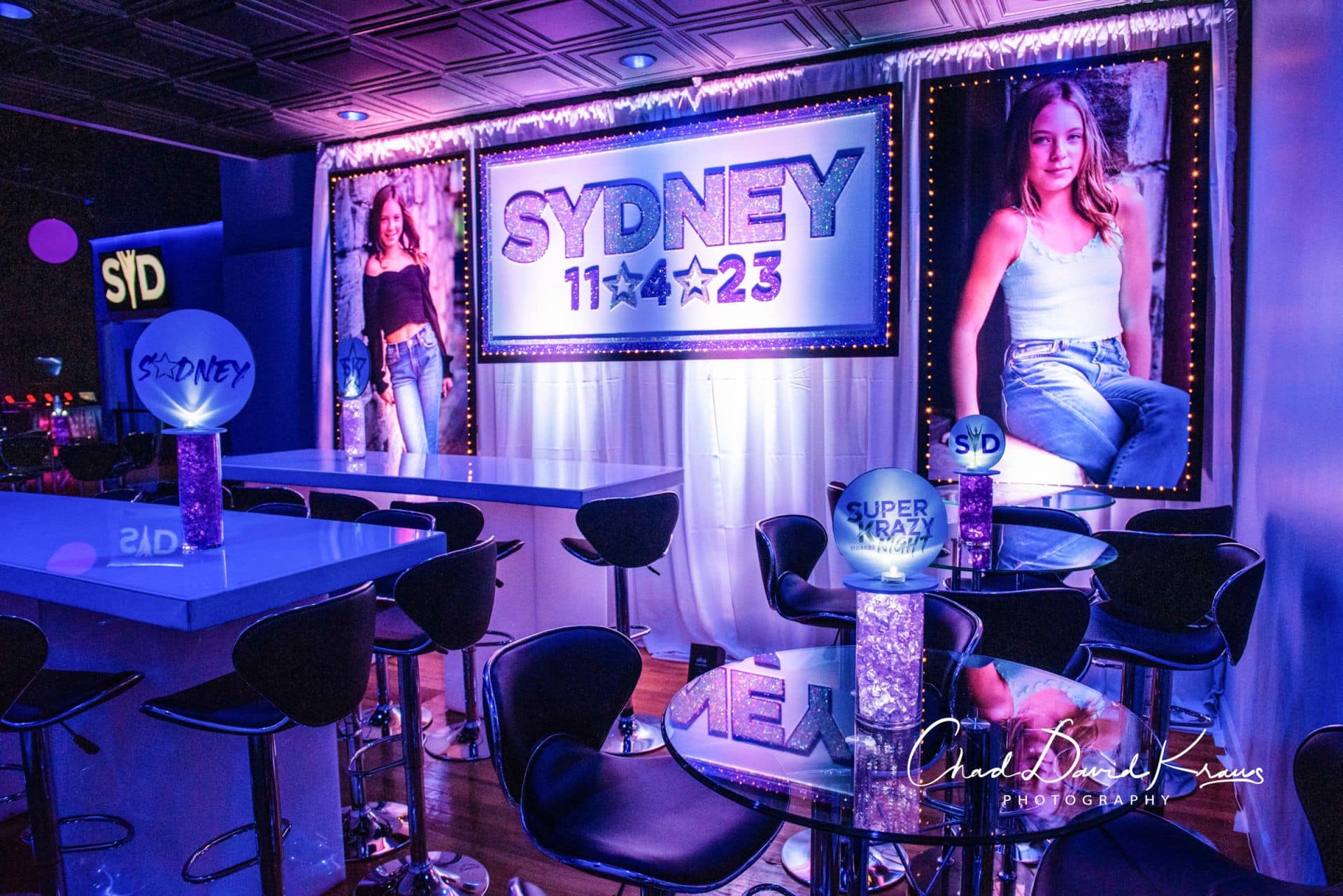 Glitter Name Backdrop with Blowup Photos and Lights at Club Infinity, Pleasantville