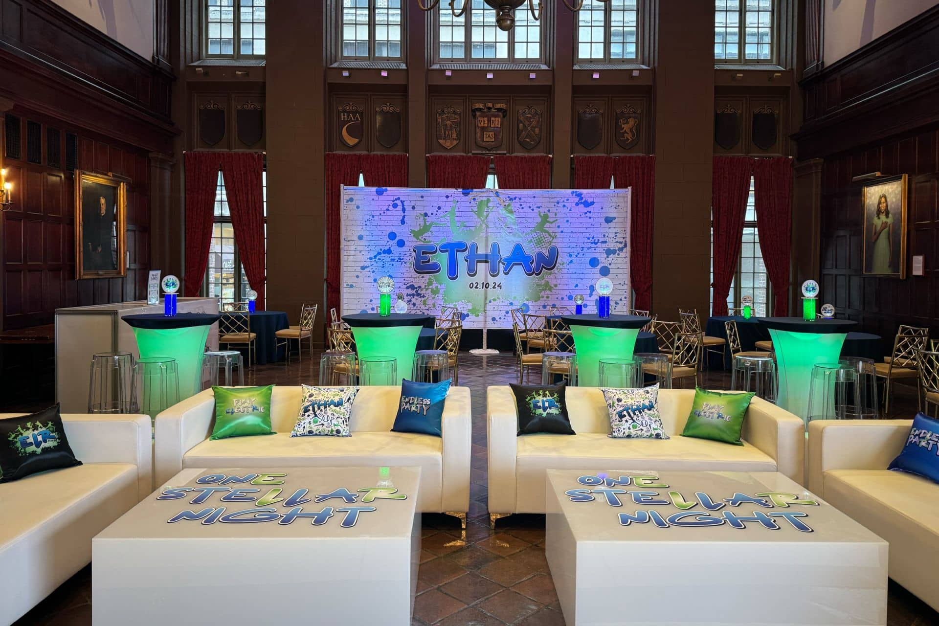 Custom Mural with LED Uplighting for a Graffiti Themed Bar Mitzvah Behind a Custom Lounge