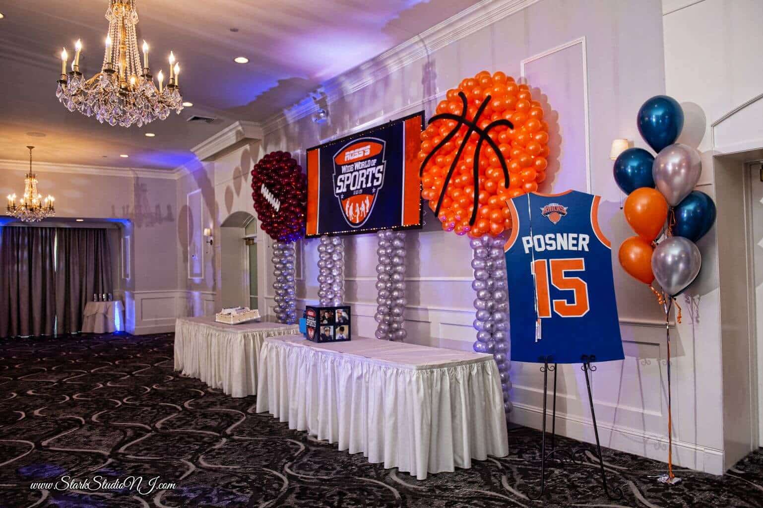 ESPN Themed Bar Mitzvah with Custom Logo Sign and Basketball and Football Balloon Sculptures