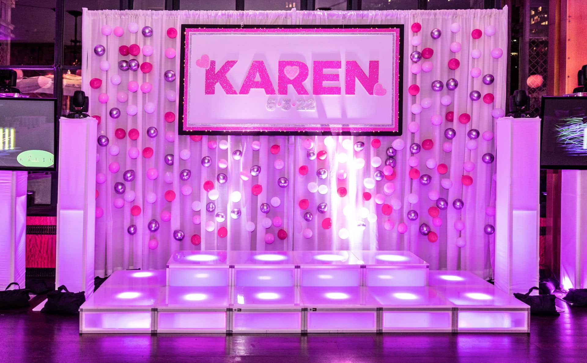 Heart Themed Bubble Balloon Wall with Glittered Name Backdrop by Dance Floor at Bryant Park Grill