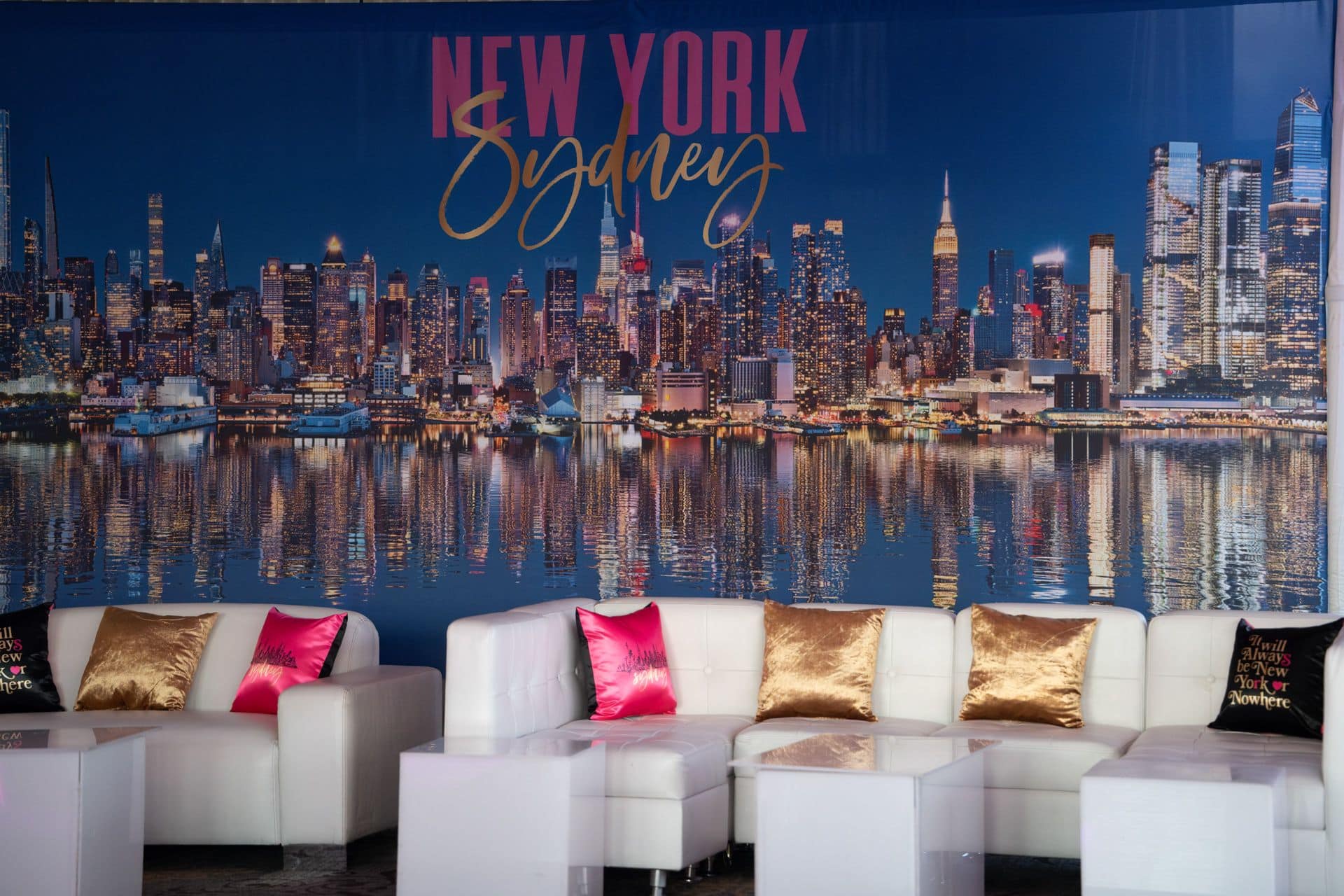 Custom NYC Mural behind Lounge for Bat Mitzvah at Mamaroneck Beach and Yacht Club