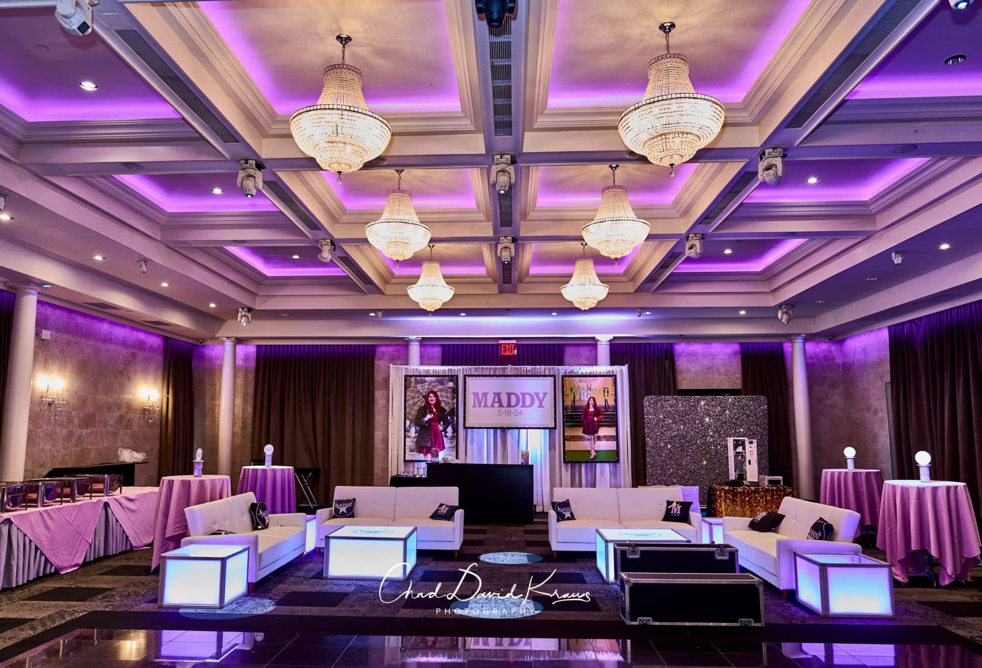 Custom Backdrop and Blowup Photos on Pipe and Drape with LED Uplighting for a Broadway Themed Bat Mitzvah at Mulino's