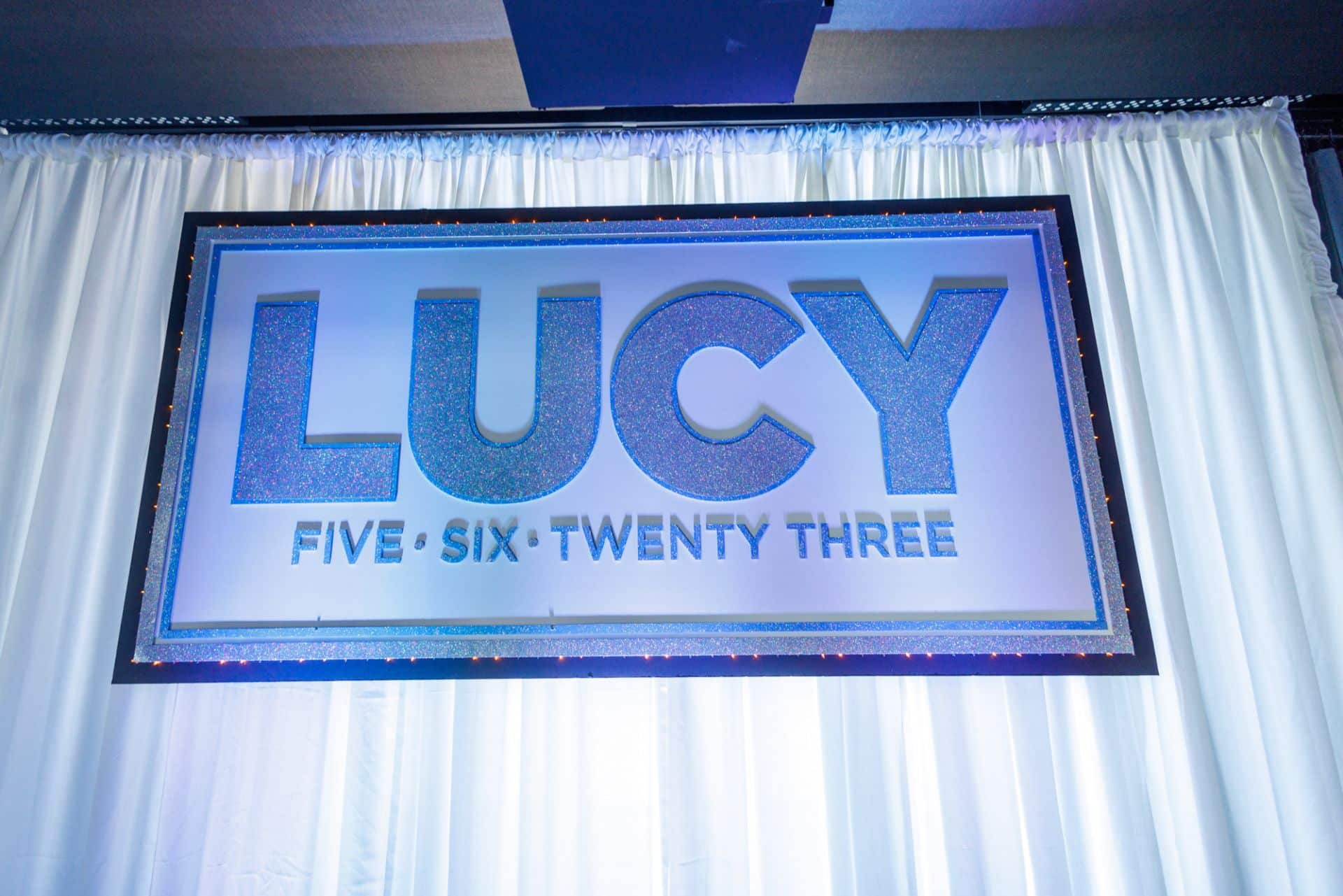 Custom Light Blue Glittered Bat Mitzvah Name Backdrop on LED Curtain