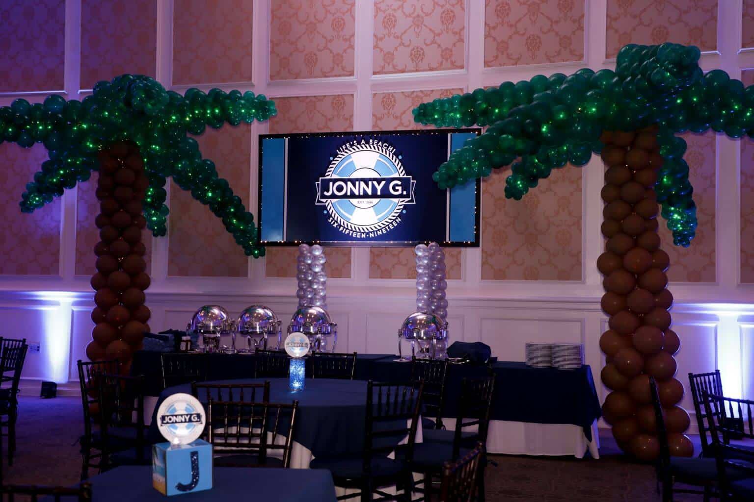 Beach Themed Bar Mitzvah with Custom Logo Backdrop and Palm Tree Balloon Sculptures