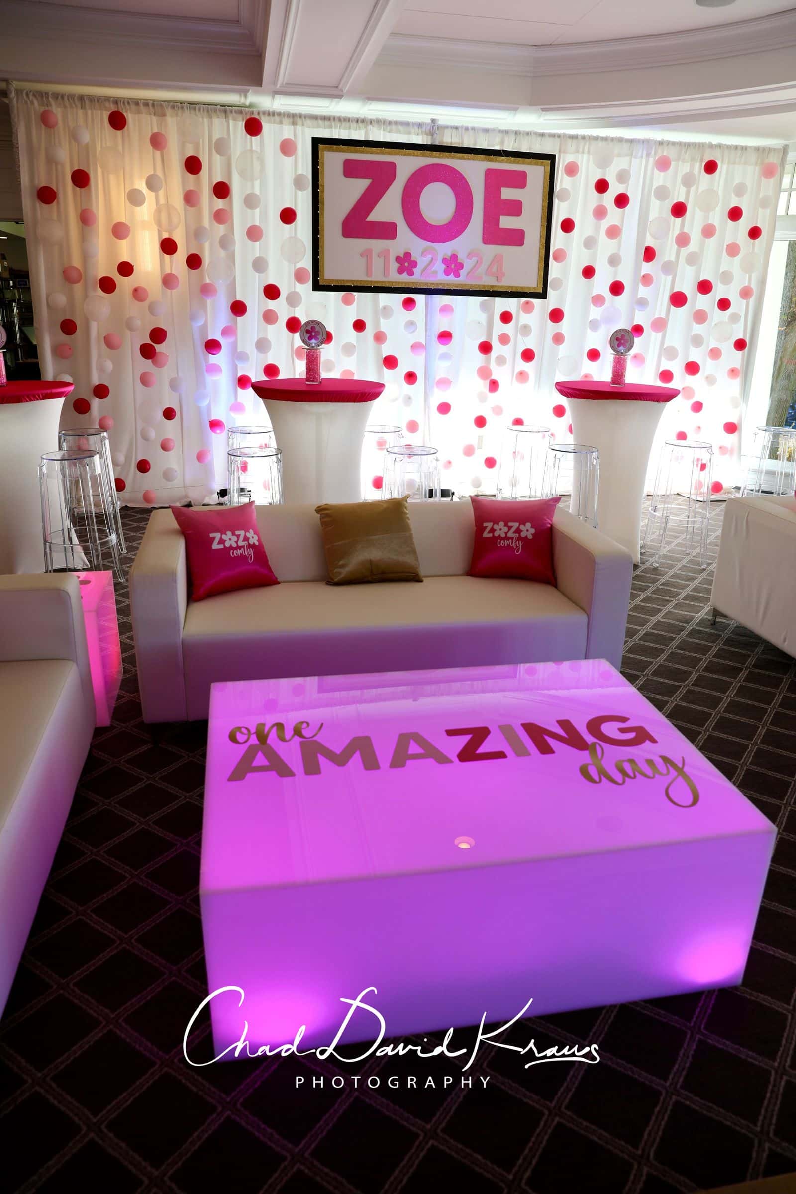 Glitter Backdrop on LED Bubble Wall Behind a Custom Lounge for a Bar Mitzvah