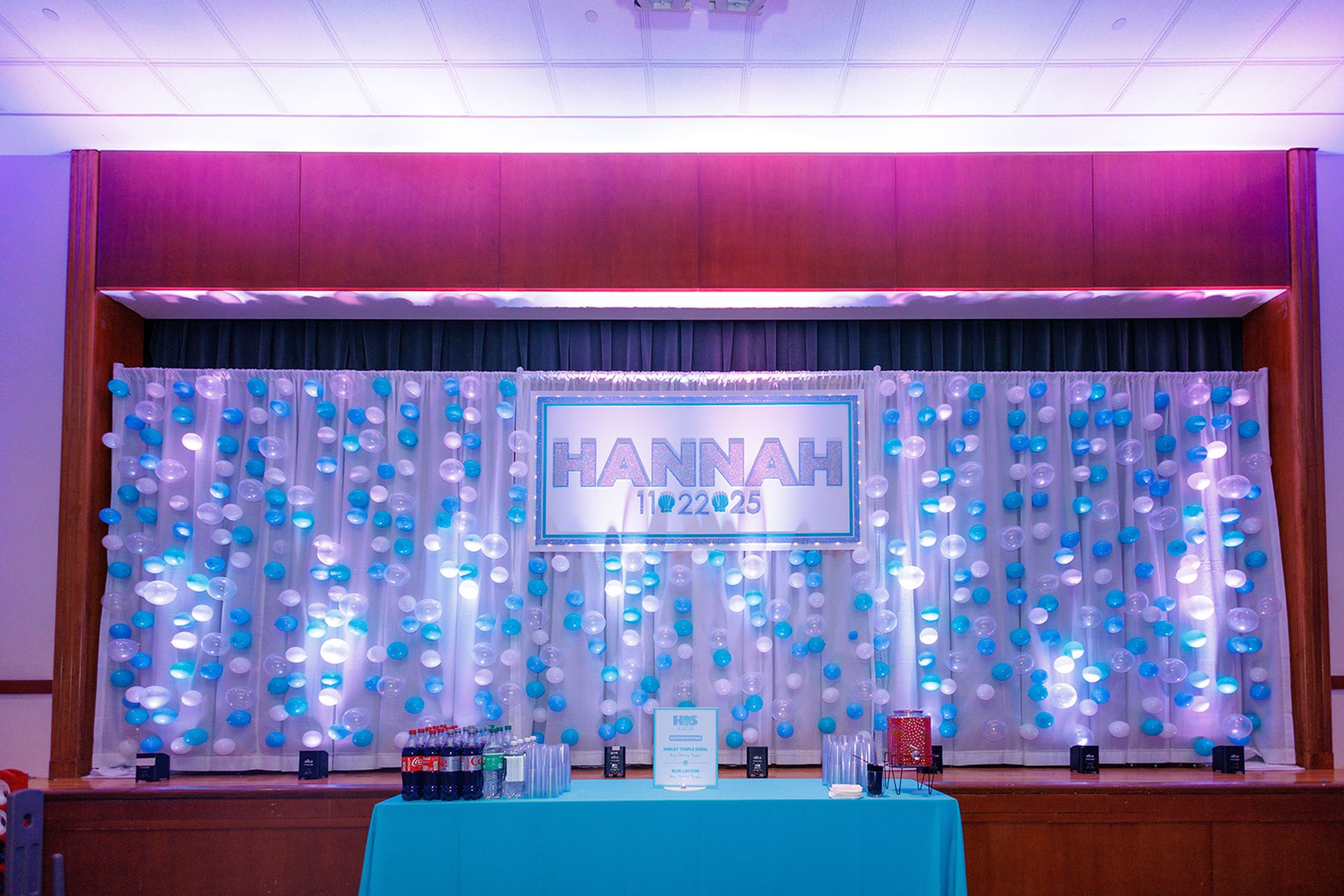 Custom Name Sign with Lights on LED Balloon Bubble Wall for Beach Themed Bat Mitzvah at Temple Israel Center