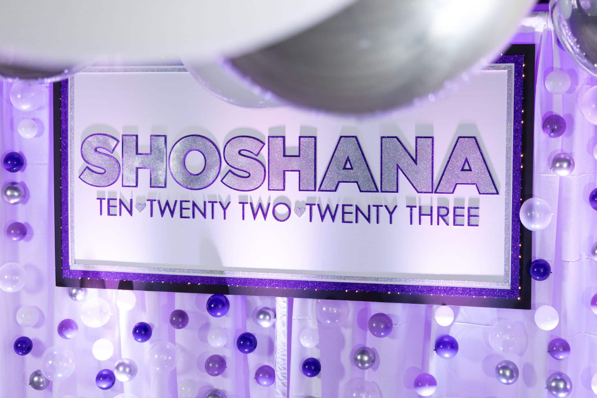 Purple and Silver Glitter Name Sign with Lights & Bubble wall
