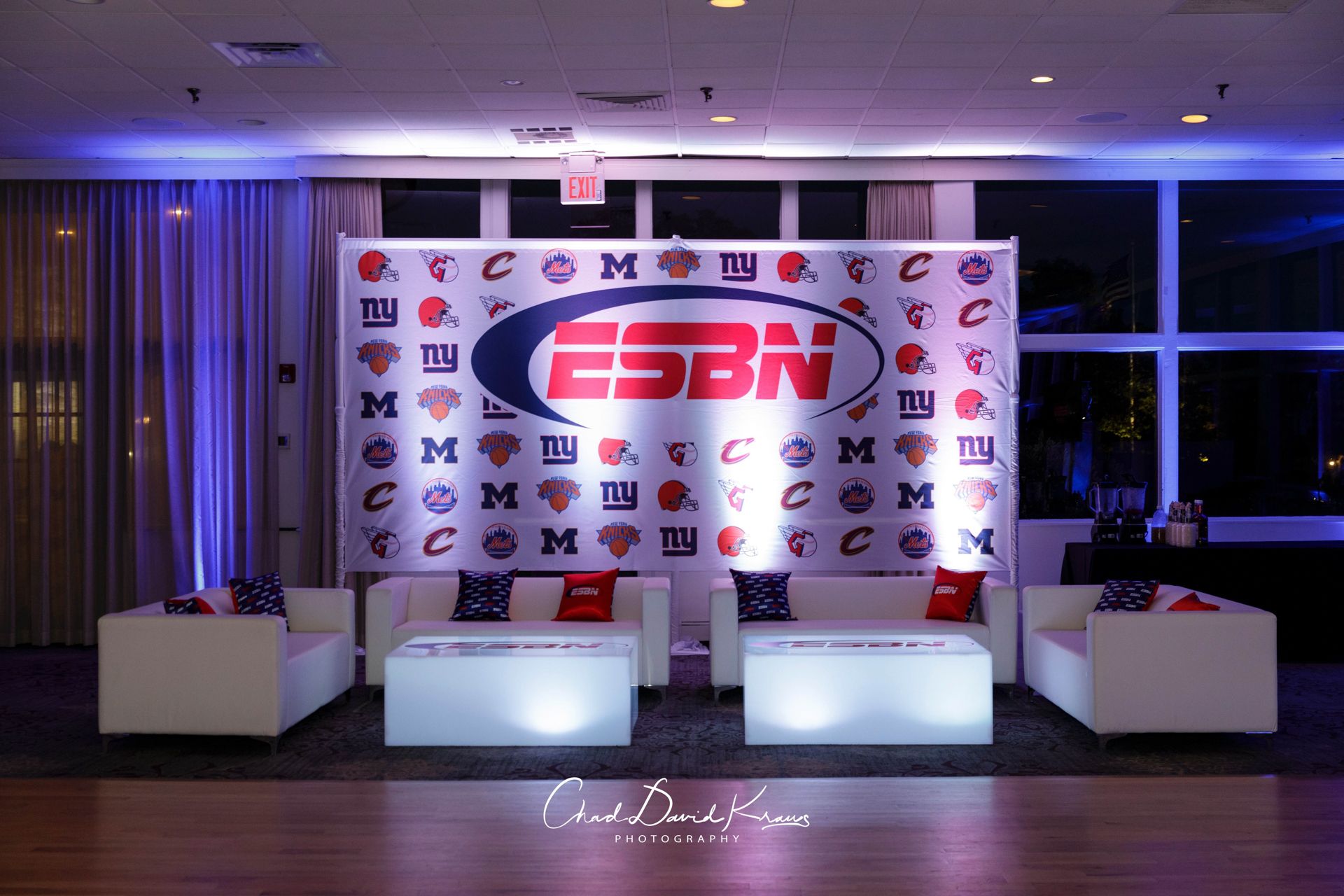 ESPN Mural Behind LED Lounge Setup at Mamaroneck Beach and Yacht Club