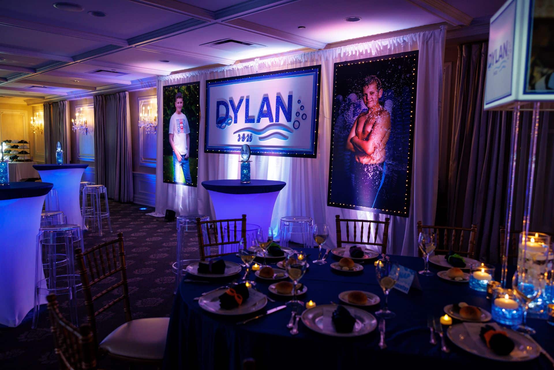 Custom Swimming Theme Bar Mitzvah Backdrop with Blowup Photos at Park Savoy