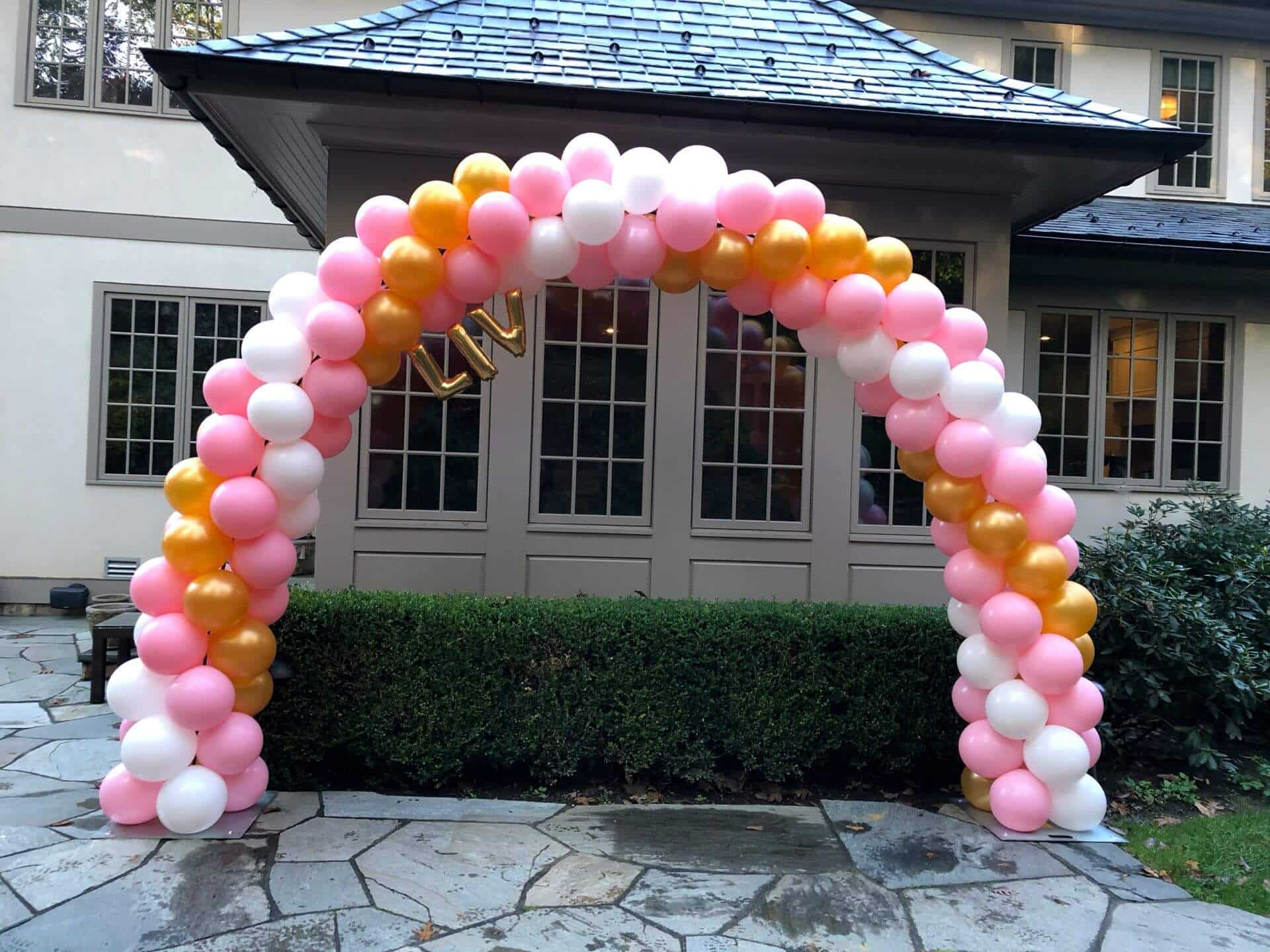 Pink and Gold Balloon Arch with Name for Outdoor Bat Mitzvah