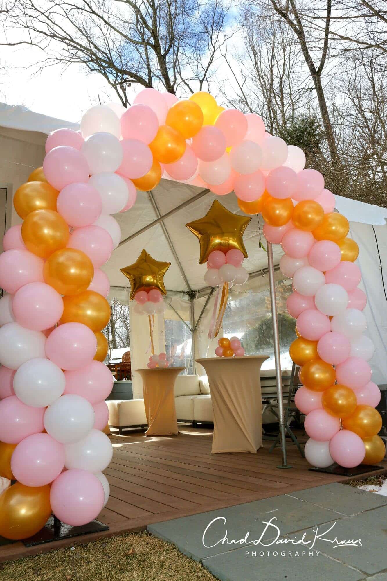 Pink and Gold Balloon Arch for Outdoor Tent Bat Mitzvah