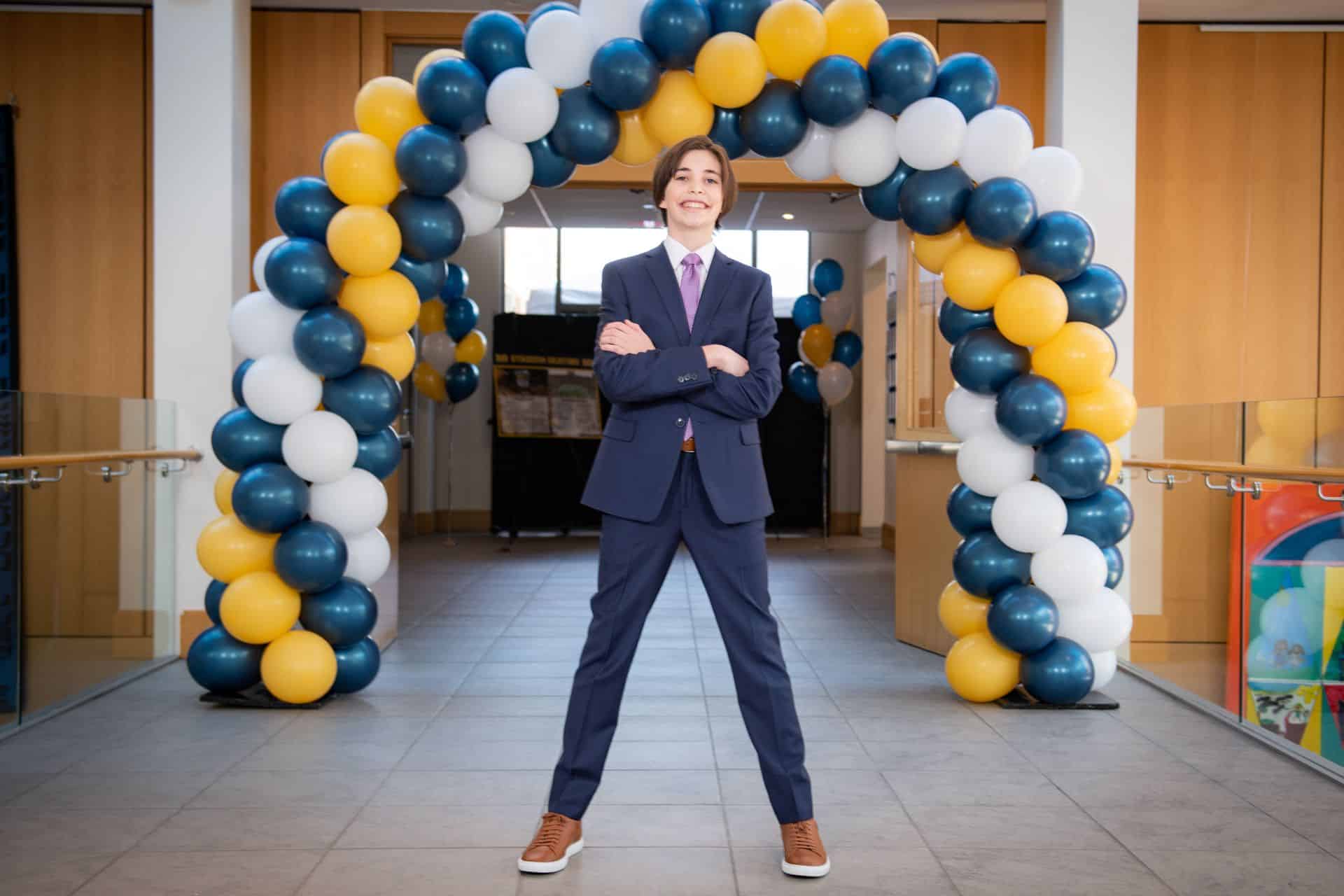 Michigan Themed Balloon Arch for Football Bar Mitzvah at Temple Beth El, Chappaqua