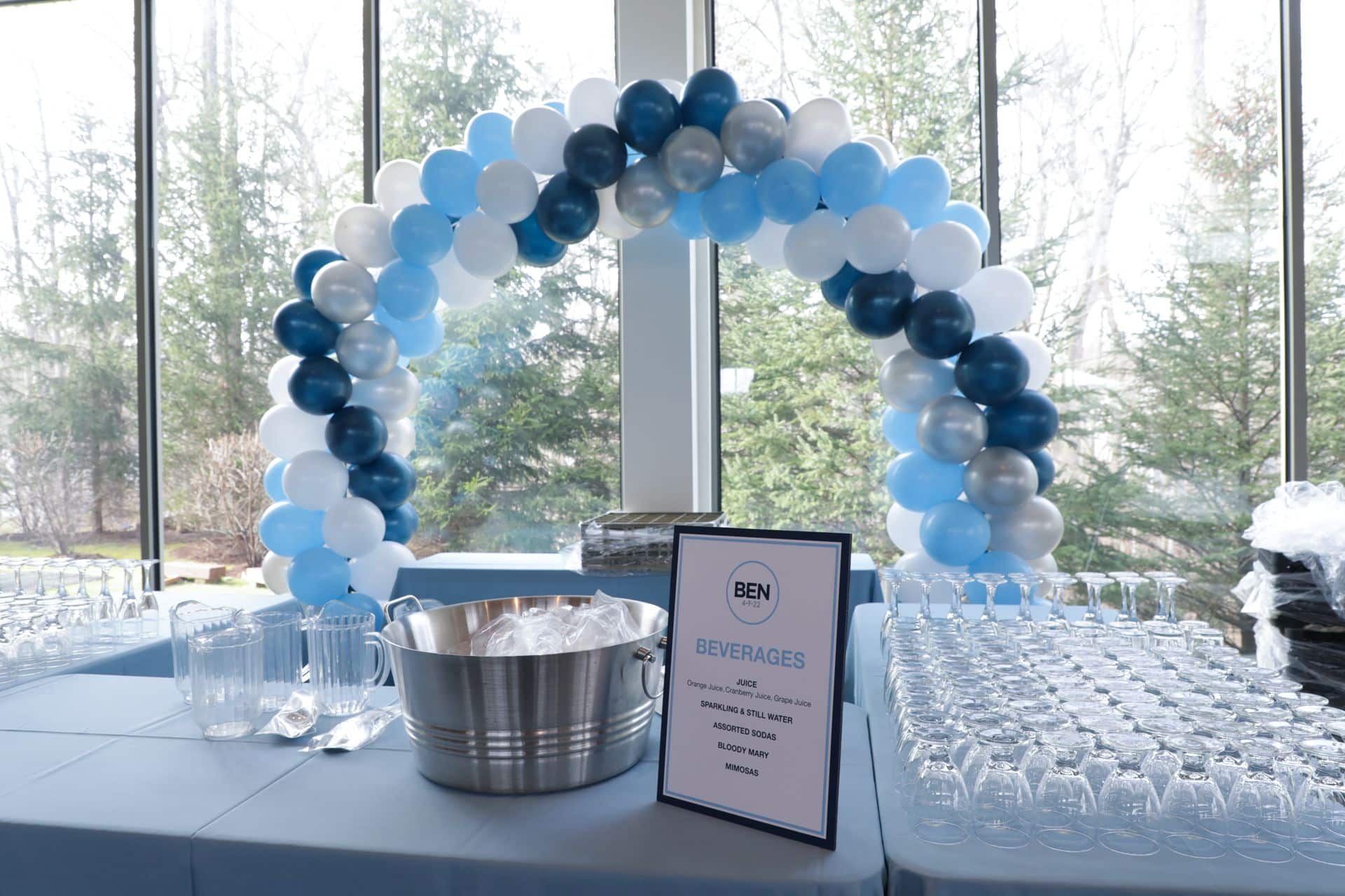 Navy & Light Blue Balloon Arch over Buffet at Temple Beth El, Chappaqua
