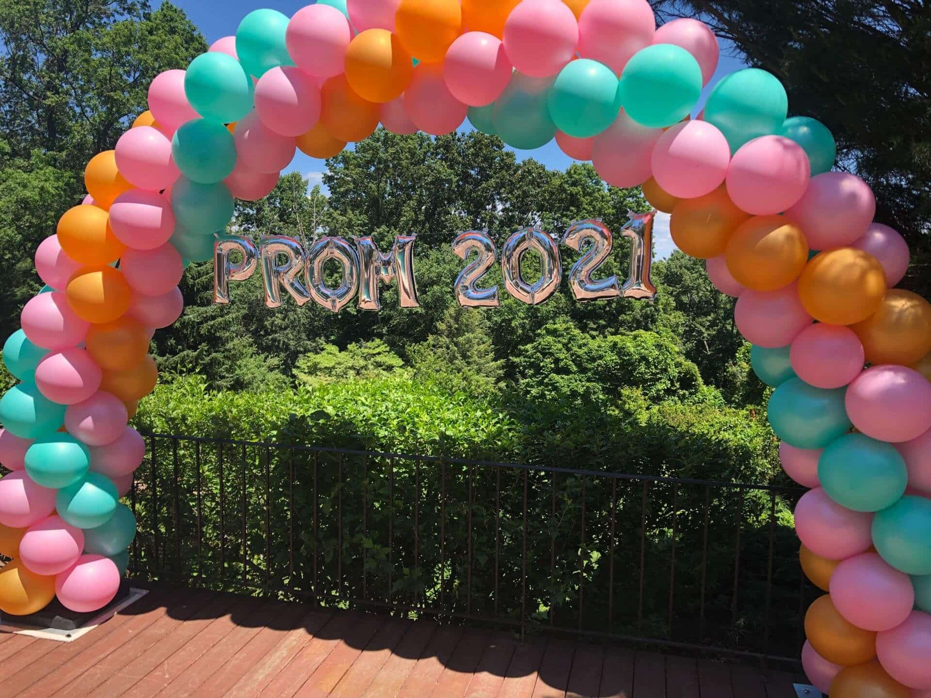 Prom Balloon Arch with Gold, Pink and Mint Green Balloons