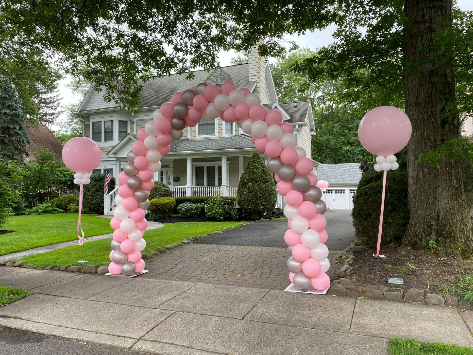 Pink, White and Silver Balloon Arch for Outdoor Bat Mitzvah