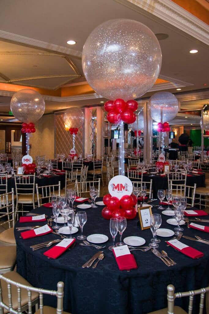 Red and Silver Sparkle Balloon Centerpieces with Lights and Logo Base