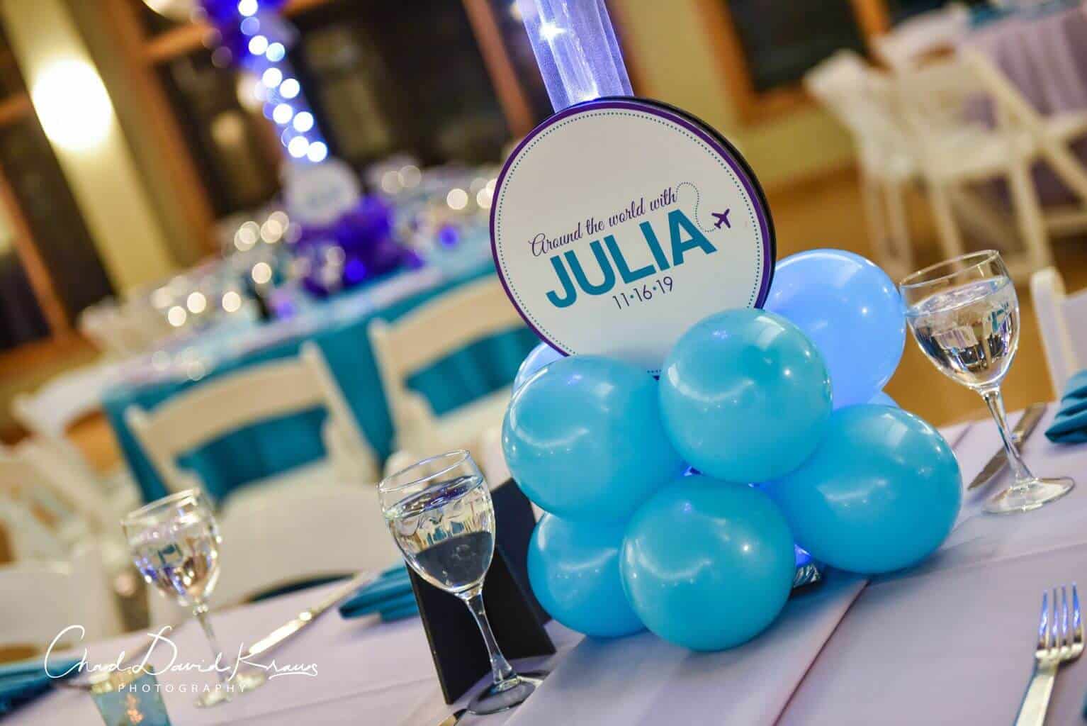 Travel Themed Bat Mitzvah Balloon Centerpiece Base with Custom Logo