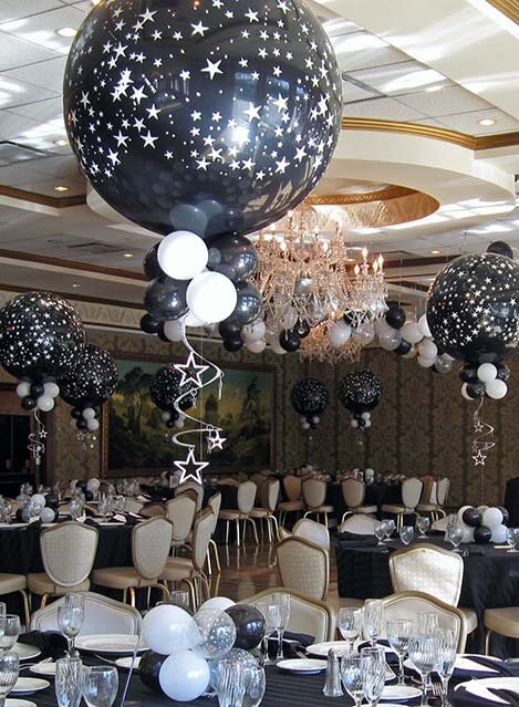 Black and White Star Balloon Centerpieces with Floating Star Mobiles