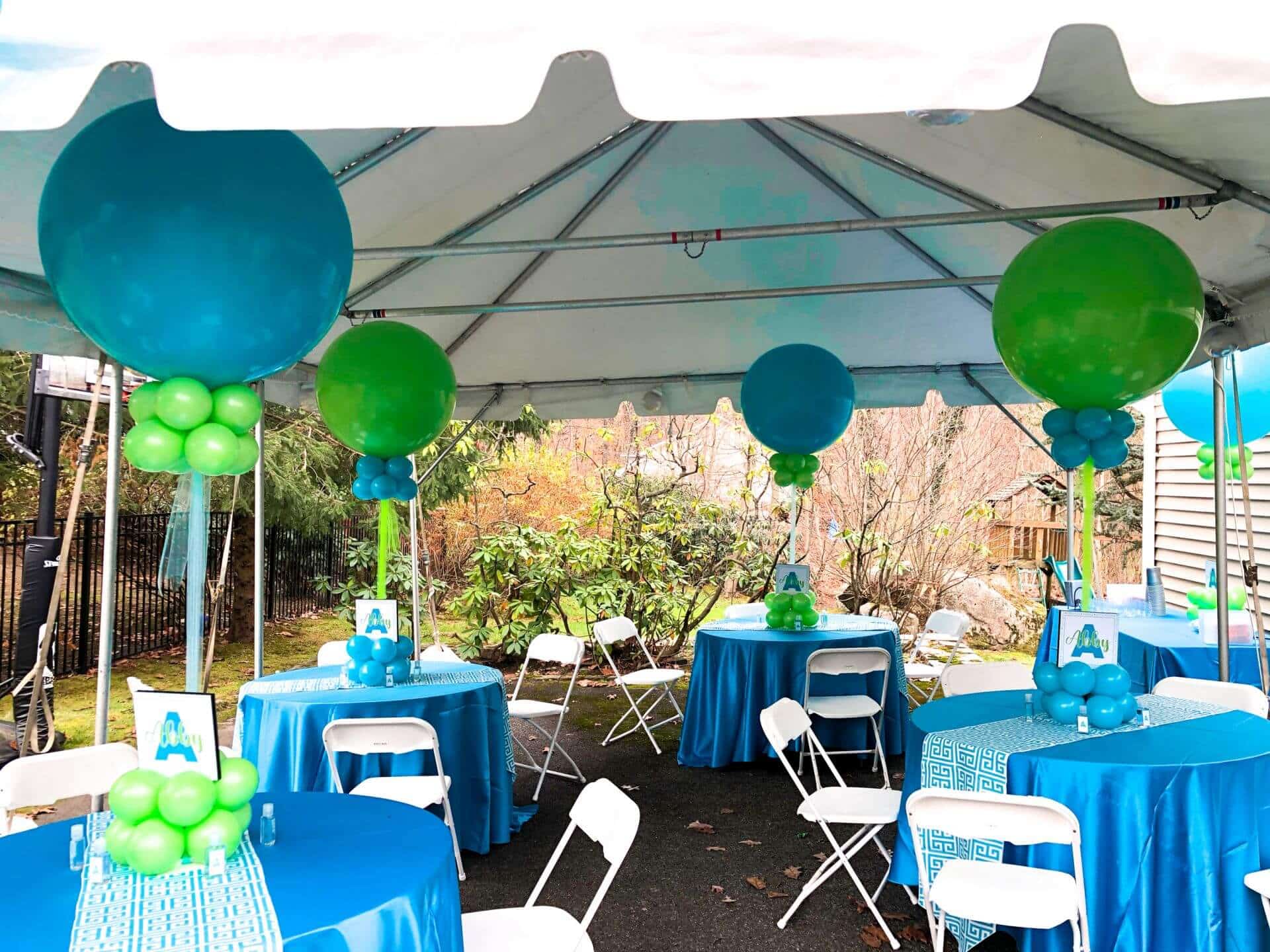 Turquoise and Lime Balloon Centerpieces with Custom Logo Sign for Outdoor Tent Event