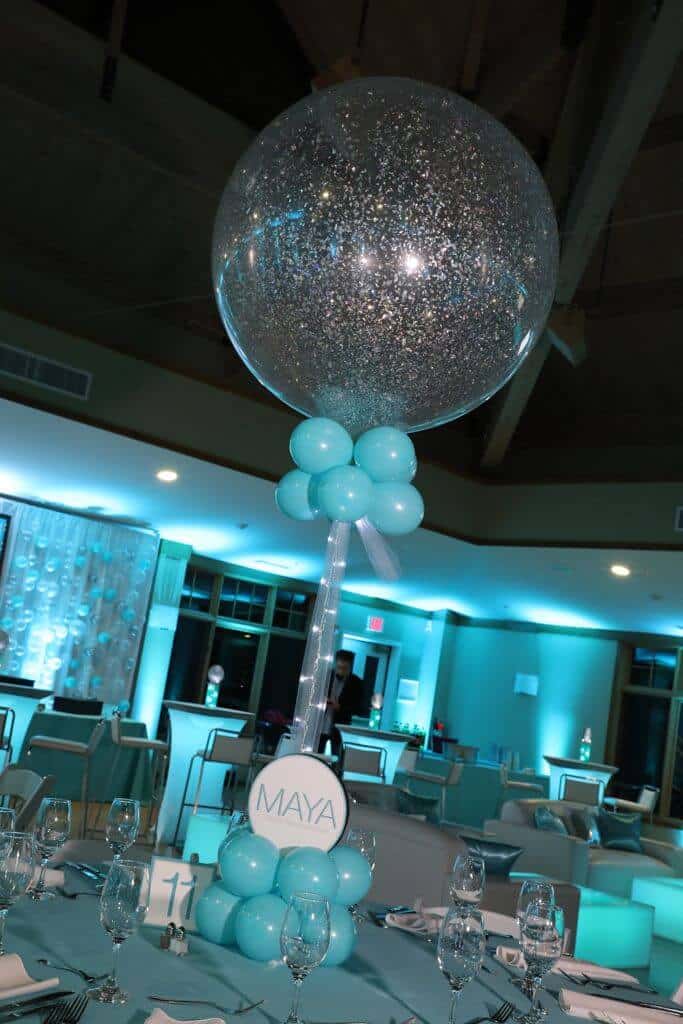 Silver and Turquoise Sparkle Balloon Centerpiece with Custom Logo & Lights