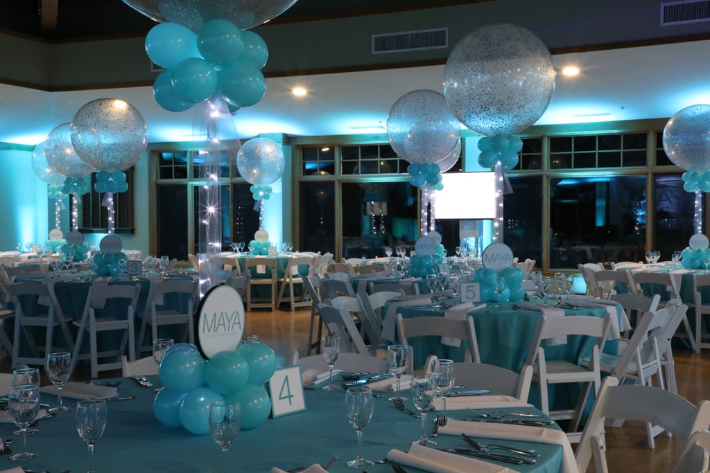 Silver and Turquoise Sparkle Balloon Centerpiece with Custom Logo & Lights